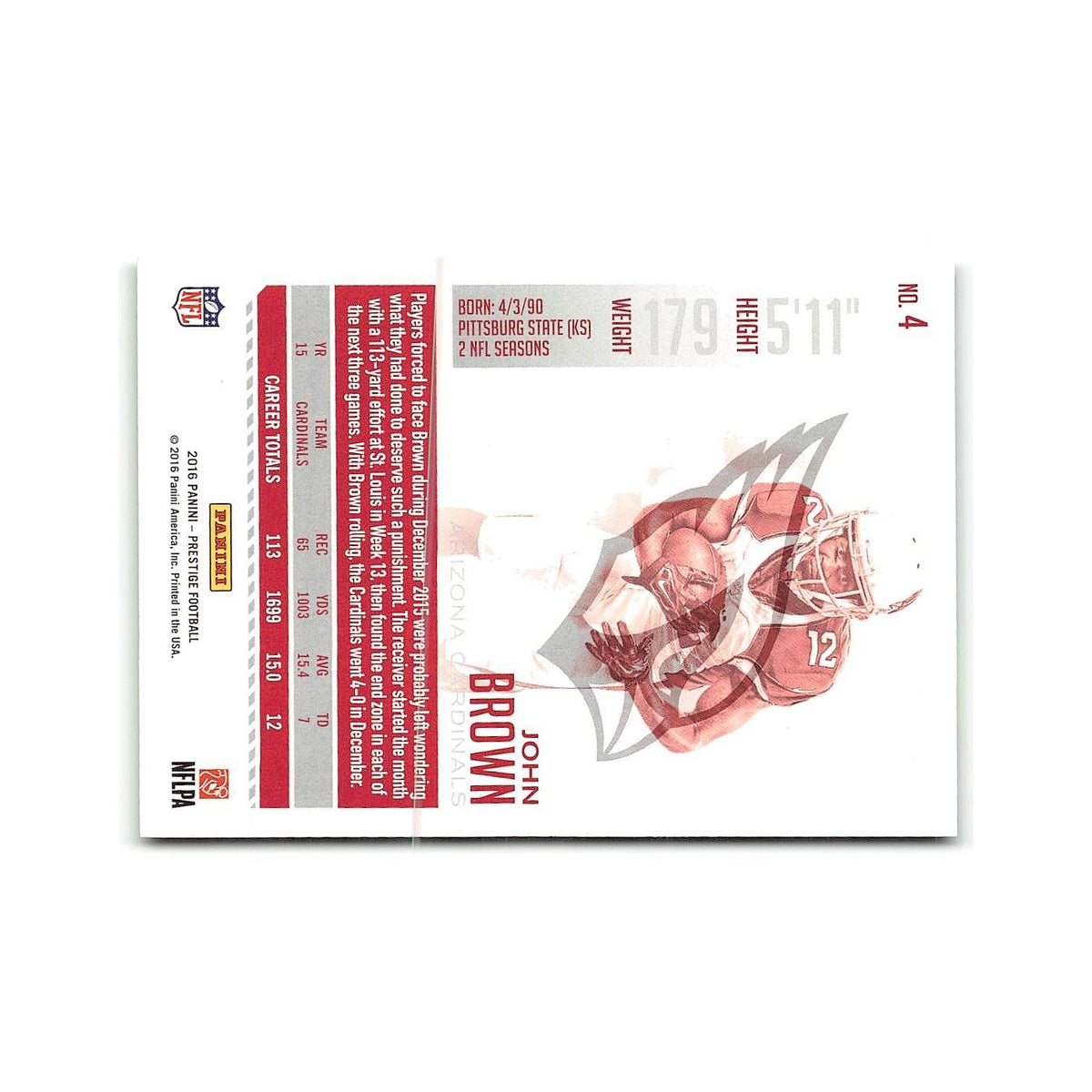 John Brown 2016 Panini Prestige #4 Arizona Cardinals Football Card NM