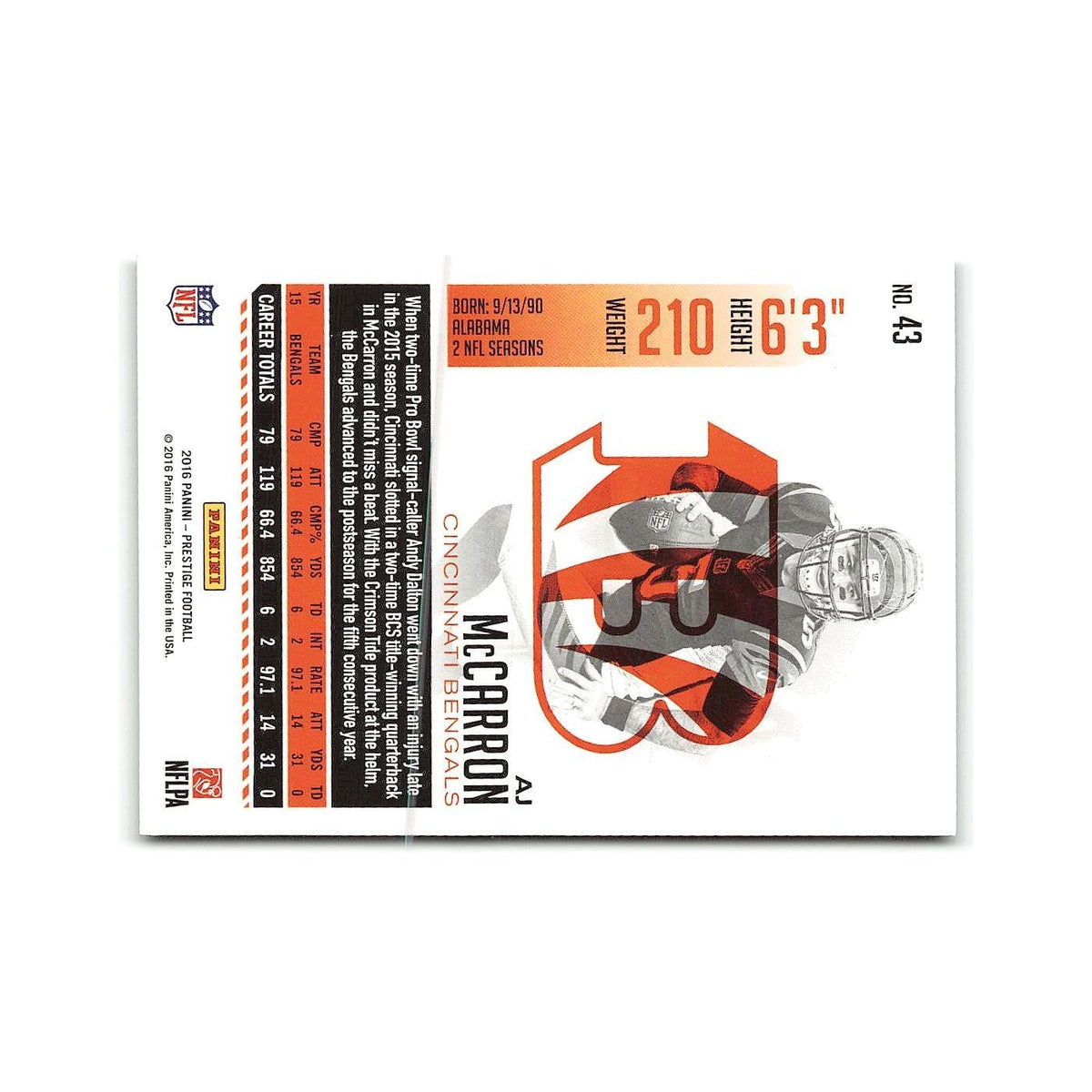 AJ McCarron 2016 Panini Prestige #43 Cincinnati Bengals Football Card NM