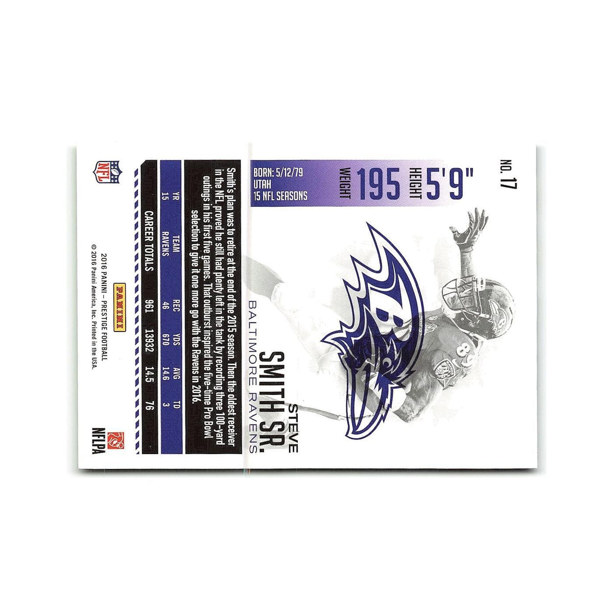 Steve Smith Sr. 2016 Panini Prestige #17 Baltimore Ravens Football Card NM