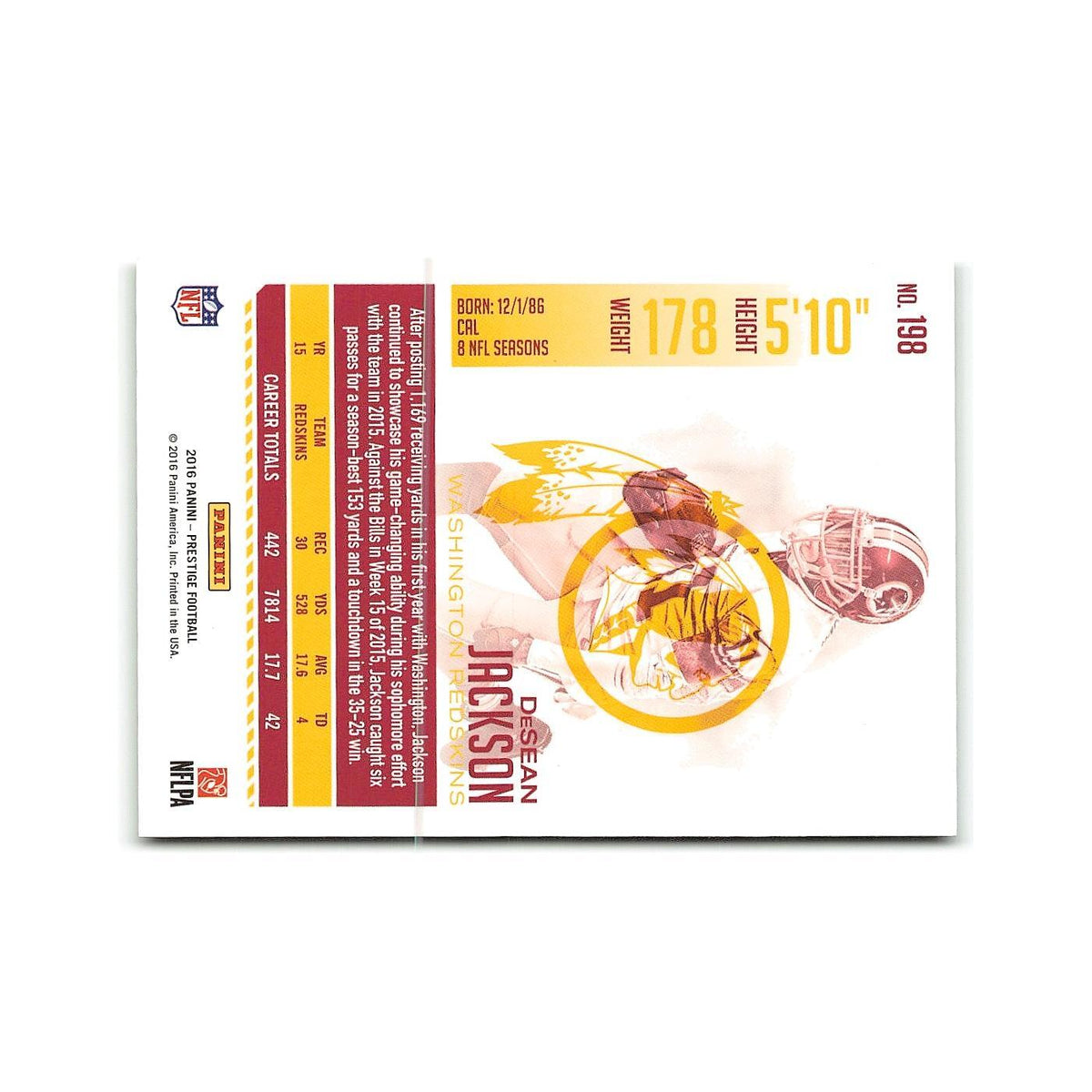 DeSean Jackson 2016 Panini Prestige #198 Washington Redskins Football Card NM