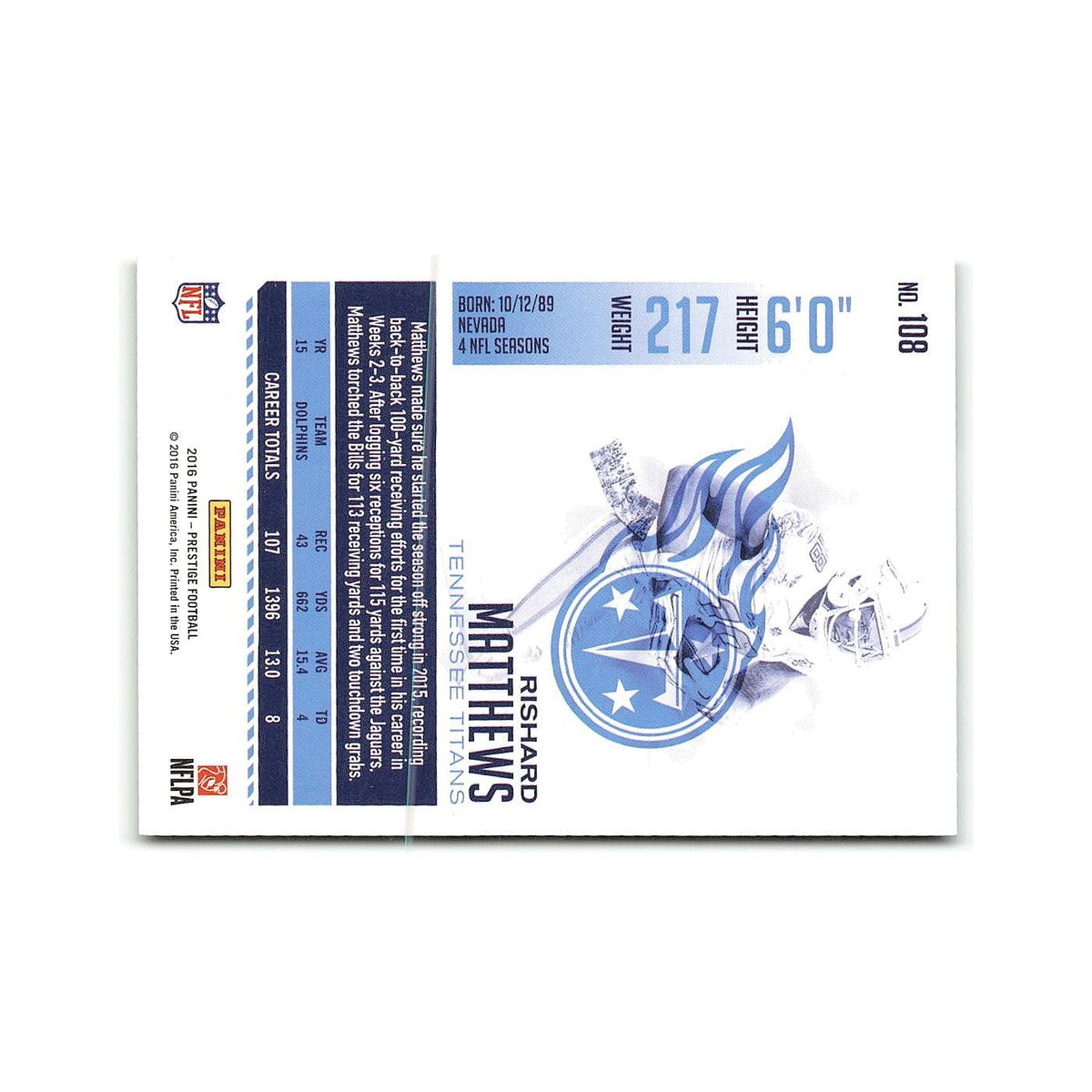 Rishard Matthews 2016 Panini Prestige #108 Miami Dolphins Football Card NM