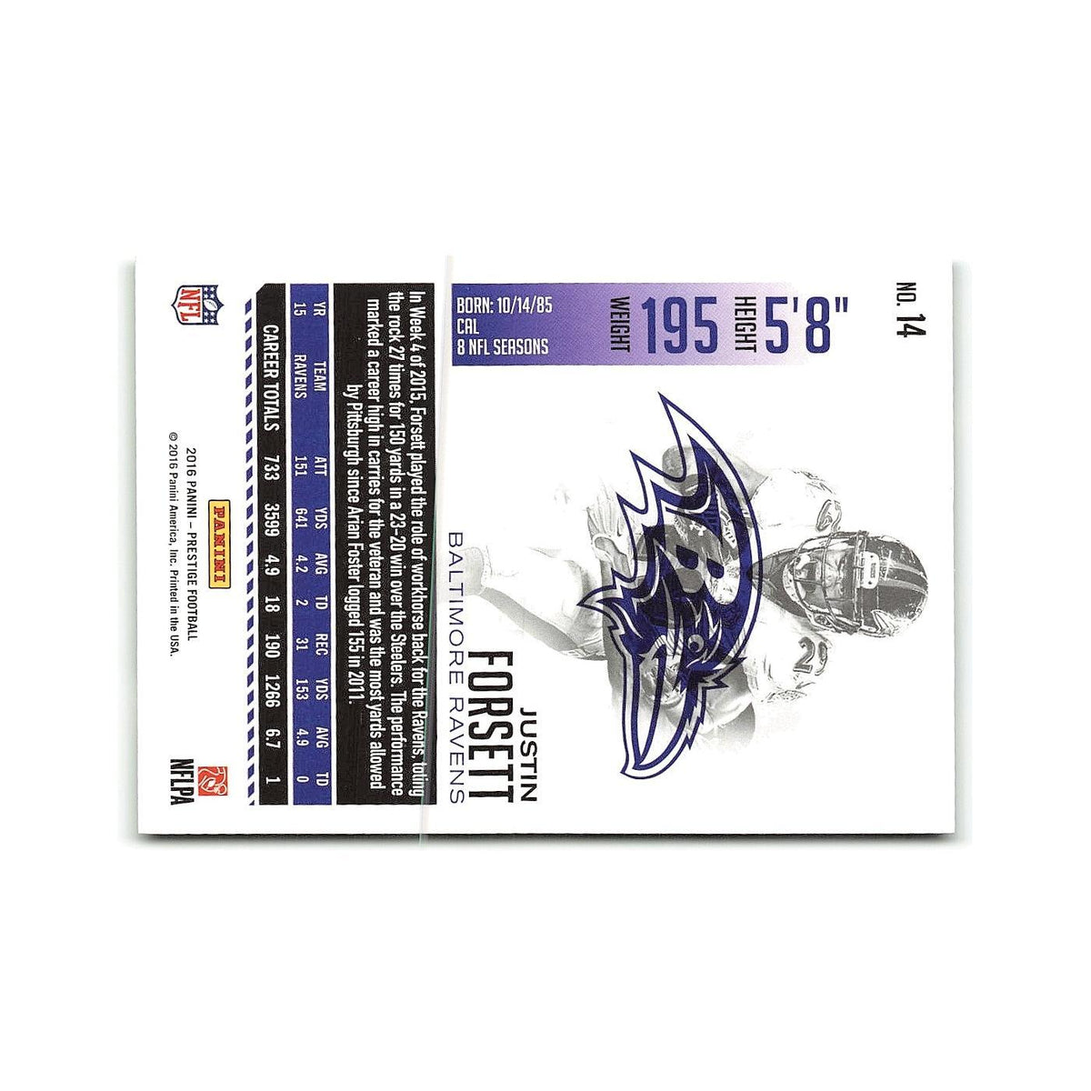 Justin Forsett 2016 Panini Prestige #14 Baltimore Ravens Football Card NM
