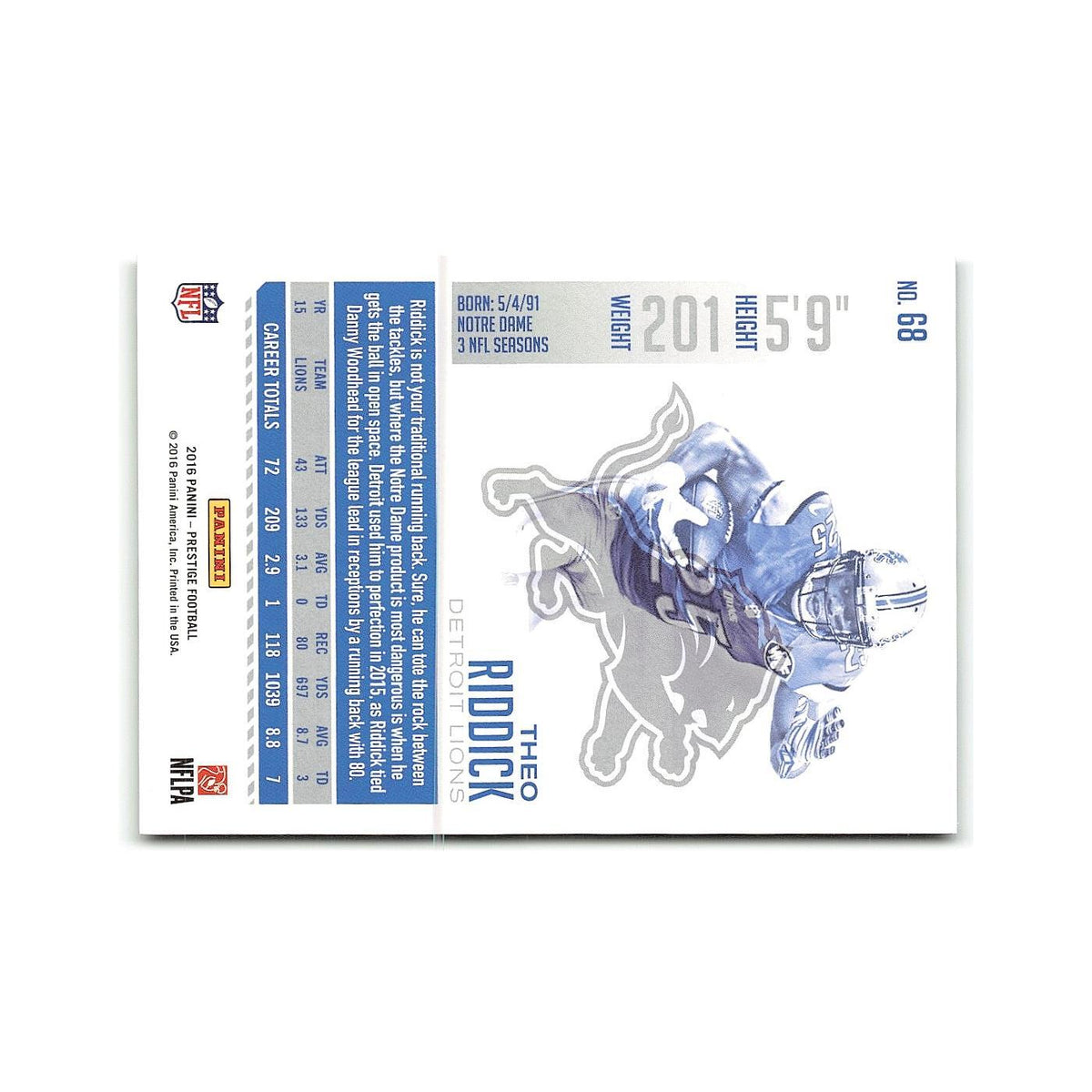 Theo Riddick 2016 Panini Prestige #68 Detroit Lions Football Card NM