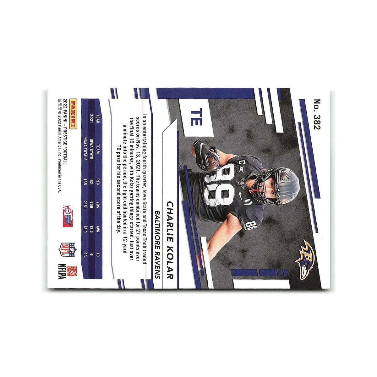 Charlie Kolar Rookie 2022 Panini Prestige #382 Baltimore Ravens Football Card NM