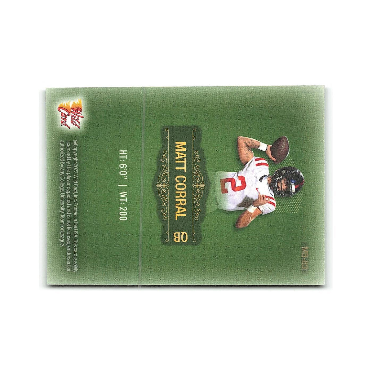 Matt Corral #/250 2022 Wild Card Matte Green #MB-83 Ole Miss Rebels NM