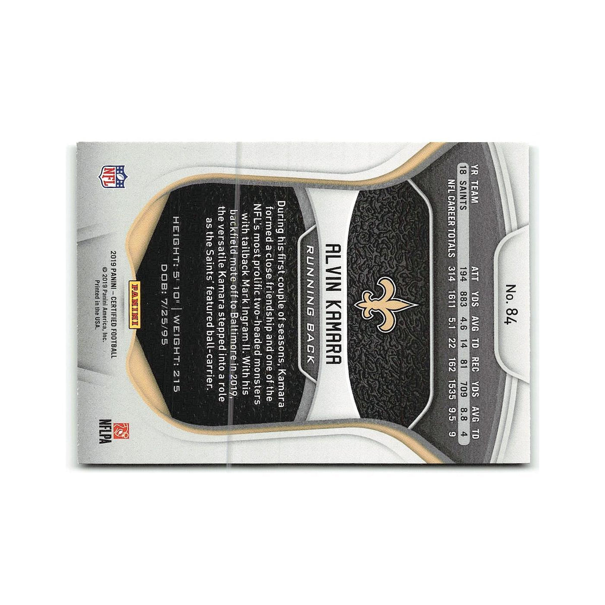 Alvin Kamara 2019 Panini Certified #84 New Orleans Saints Football Card NM