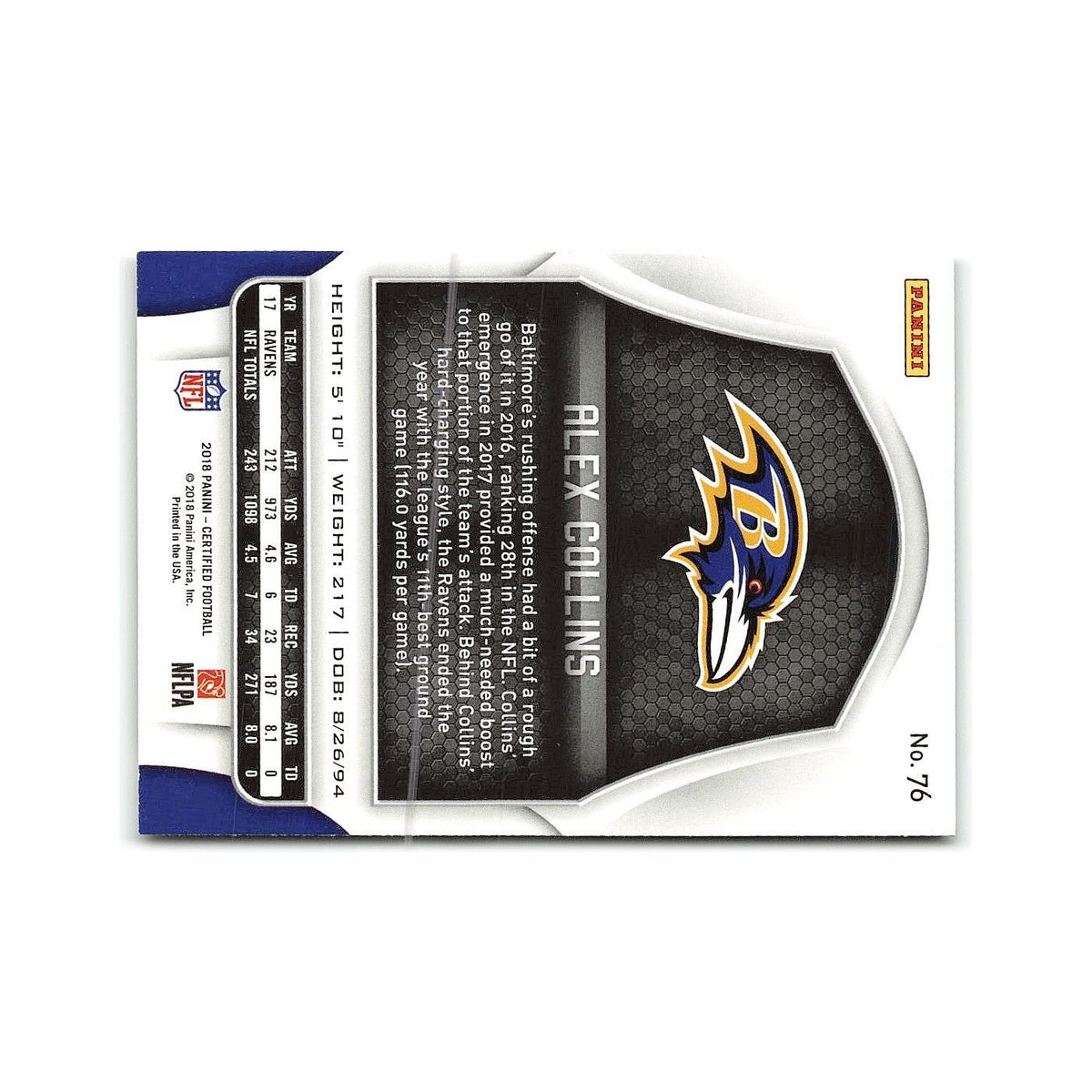 Alex Collins 2018 Panini Certified #76 Baltimore Ravens Football Card NM