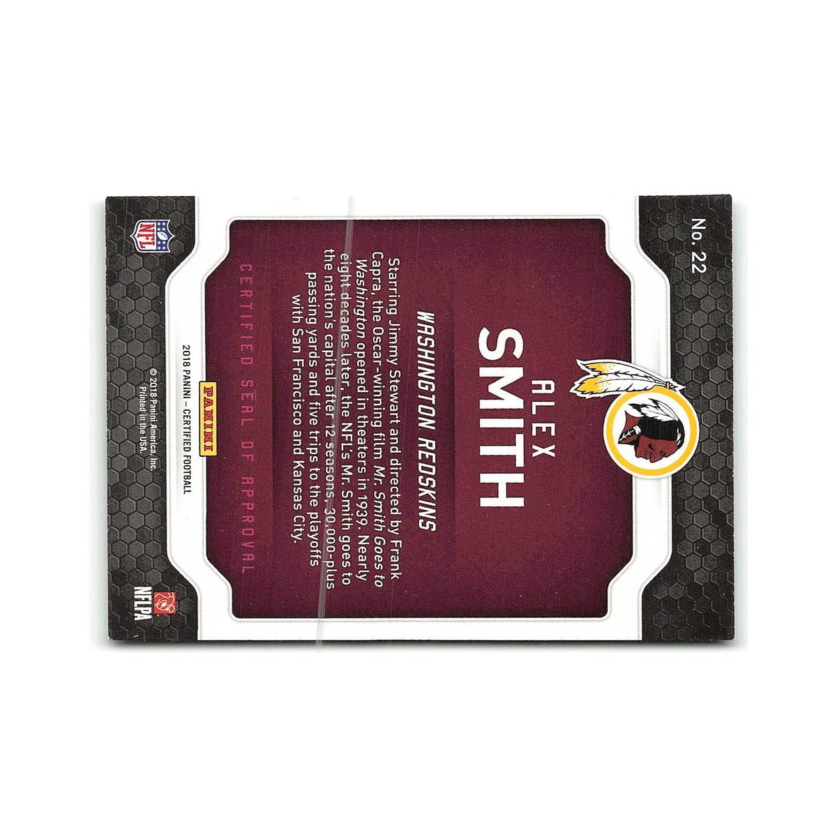 Alex Smith 2018 Panini Certified Seal of Approval #22 Washington Redskins NM
