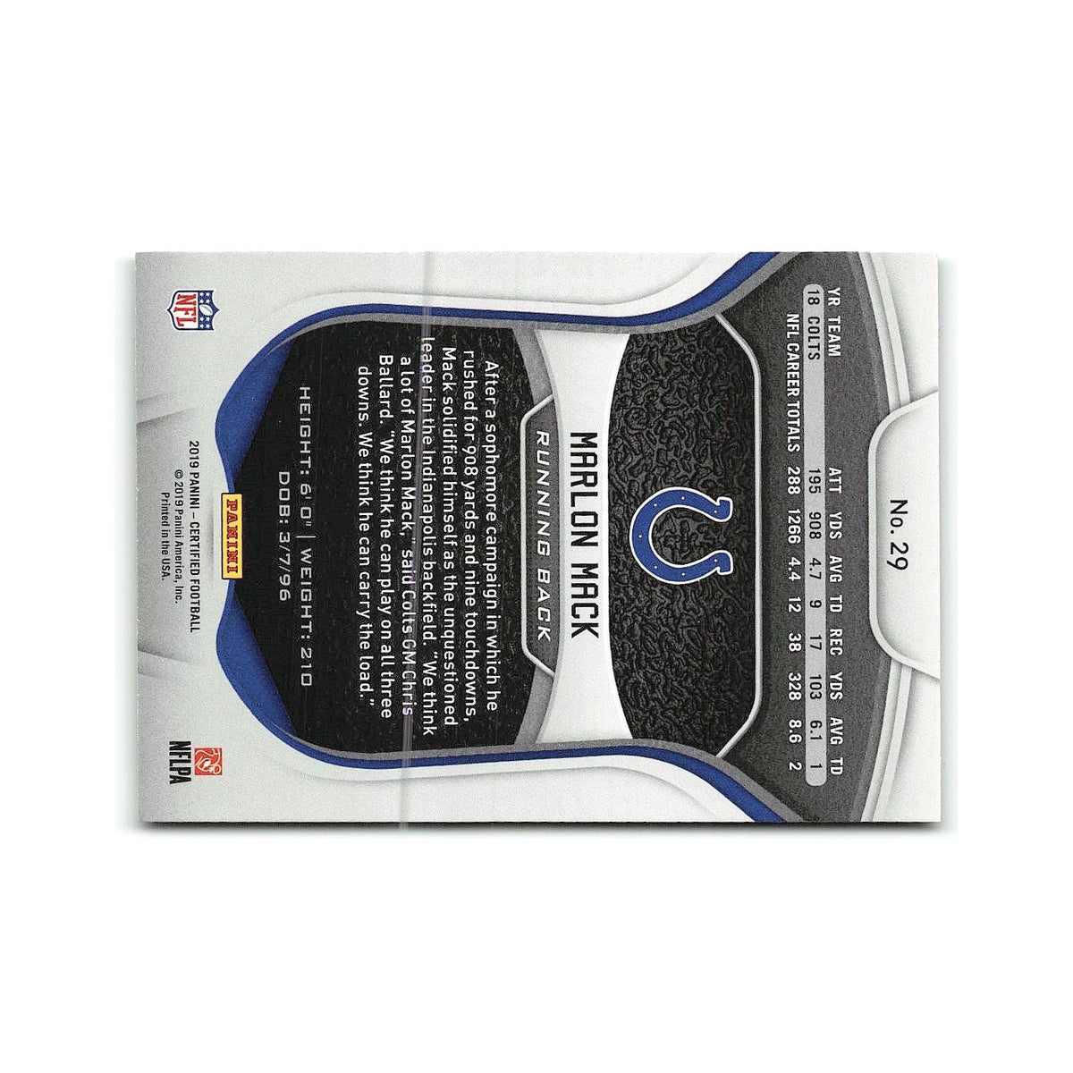 Marlon Mack 2019 Panini Certified #29 Indianapolis Colts Football Card NM