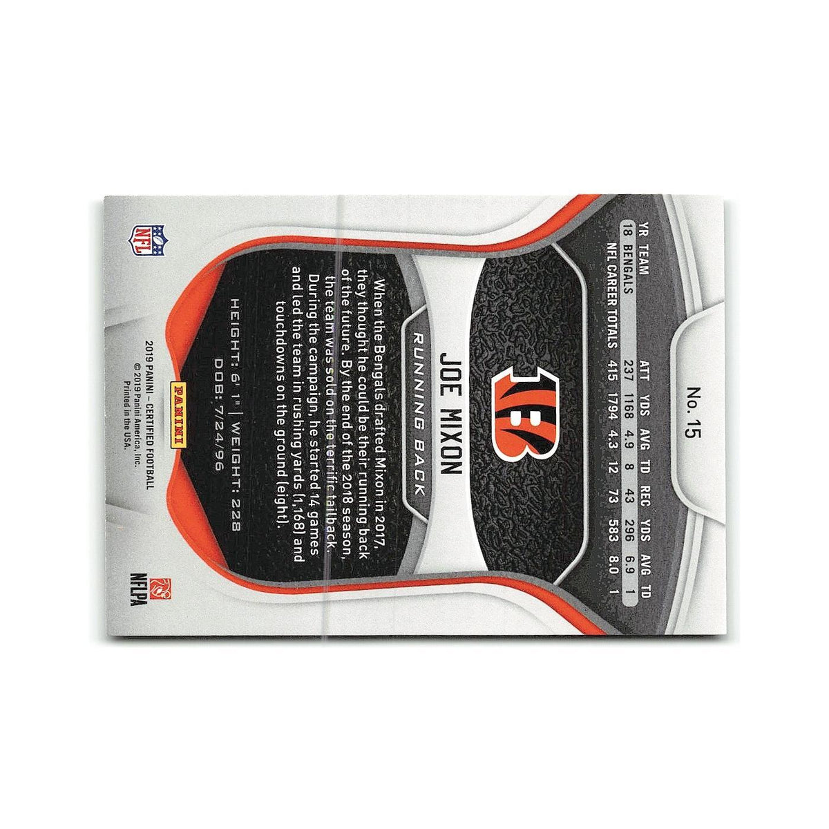 Joe Mixon 2019 Panini Certified #15 Cincinnati Bengals Football Card NM