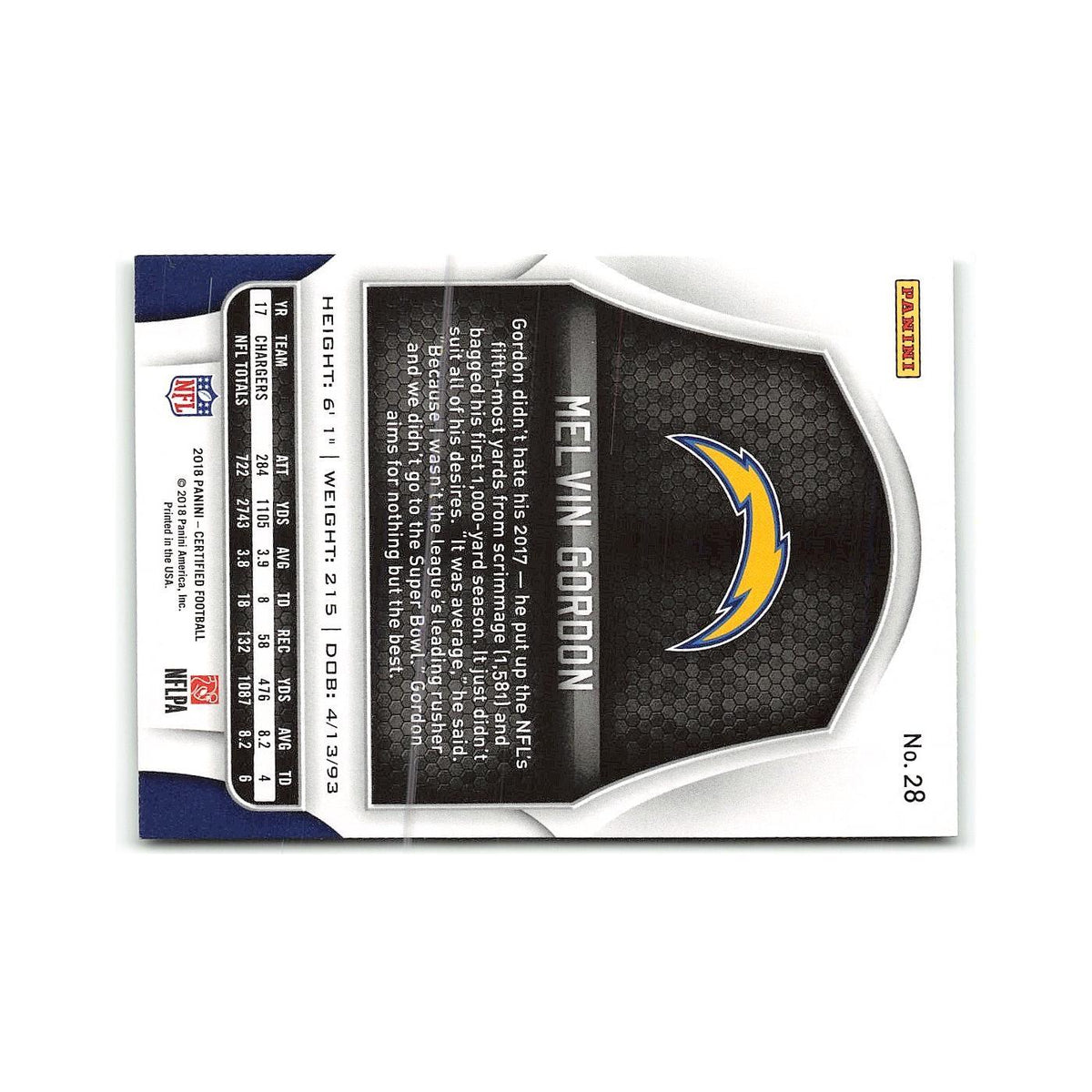 Melvin Gordon 2018 Panini Certified #28 Los Angeles Chargers Football Card NM