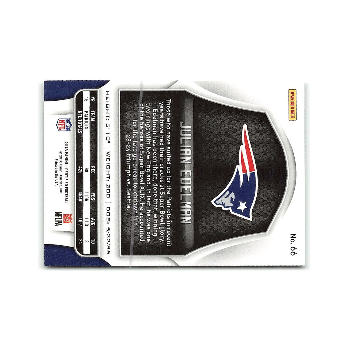 Julian Edelman 2018 Panini Certified #66 New England Patriots Football Card NM