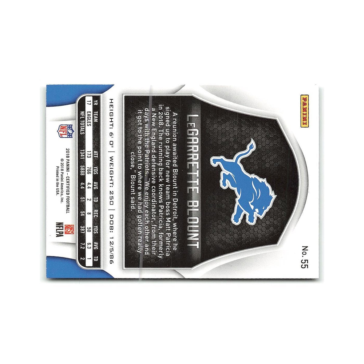LeGarrette Blount 2018 Panini Certified #55 Detroit Lions Football Card NM