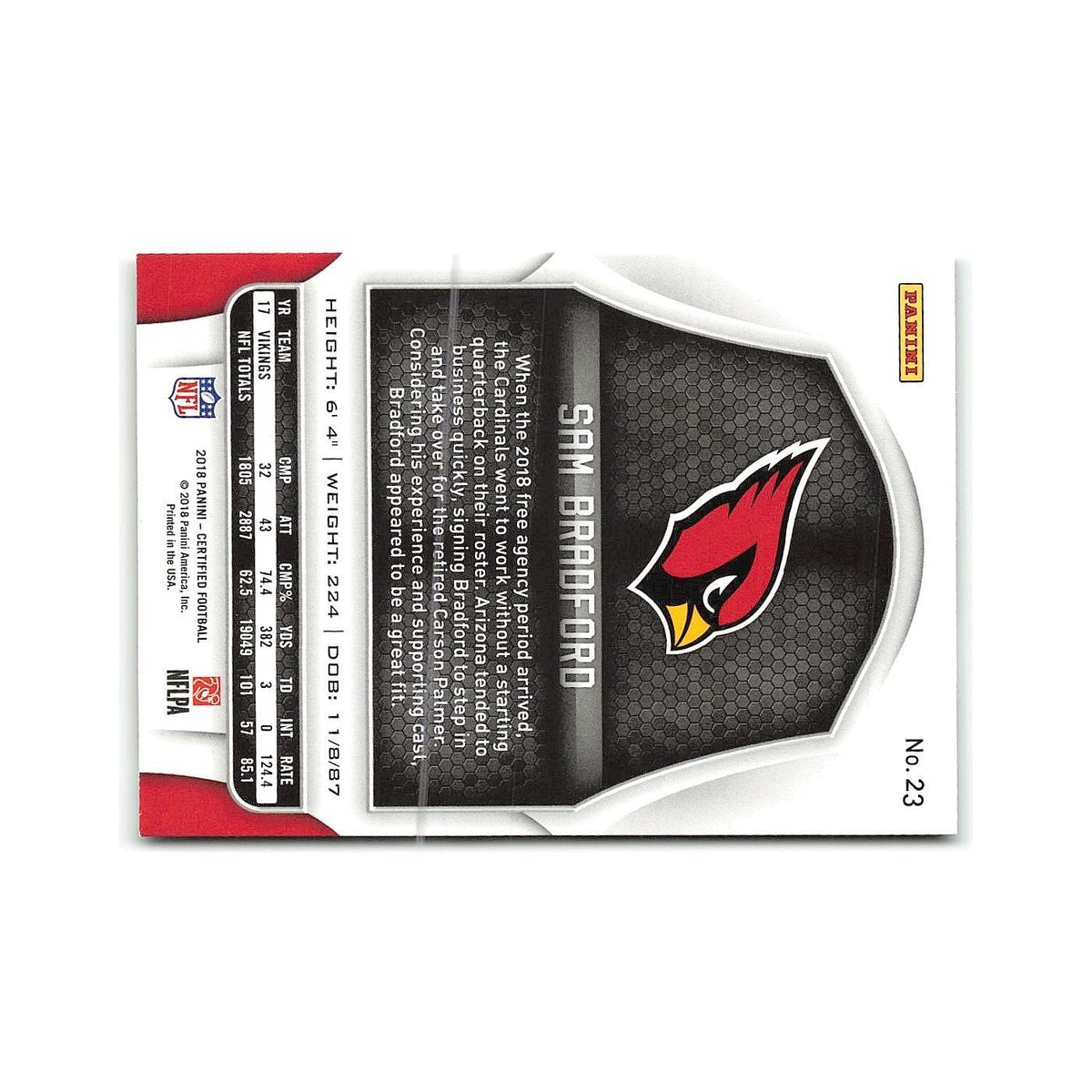 Sam Bradford 2018 Panini Certified #23 Arizona Cardinals Football Card NM