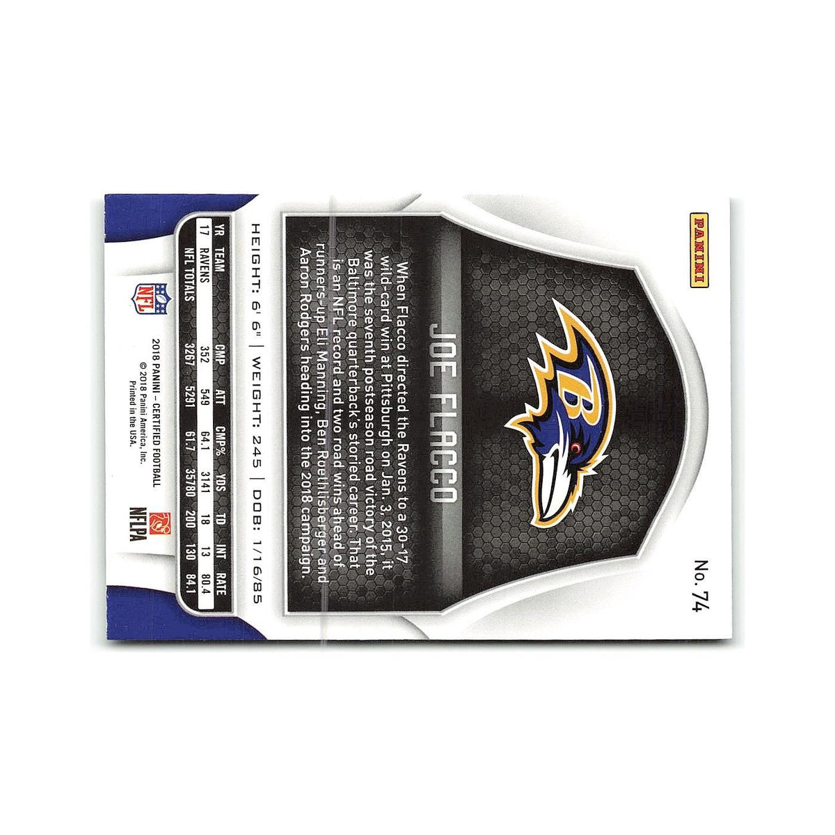 Joe Flacco 2018 Panini Certified #74 Baltimore Ravens Football Card NM