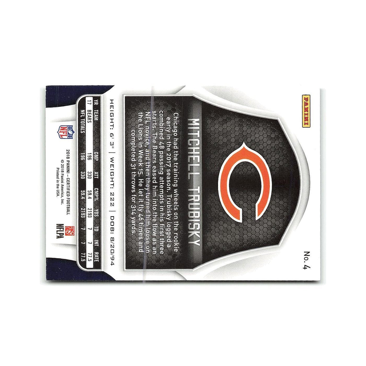 Mitchell Trubisky 2018 Panini Certified #4 Chicago Bears Football Card NM