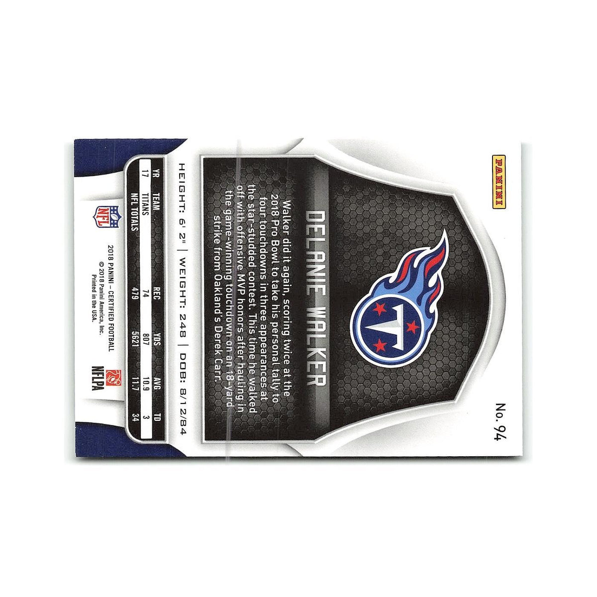 Delanie Walker 2018 Panini Certified #94 Tennessee Titans Football Card NM