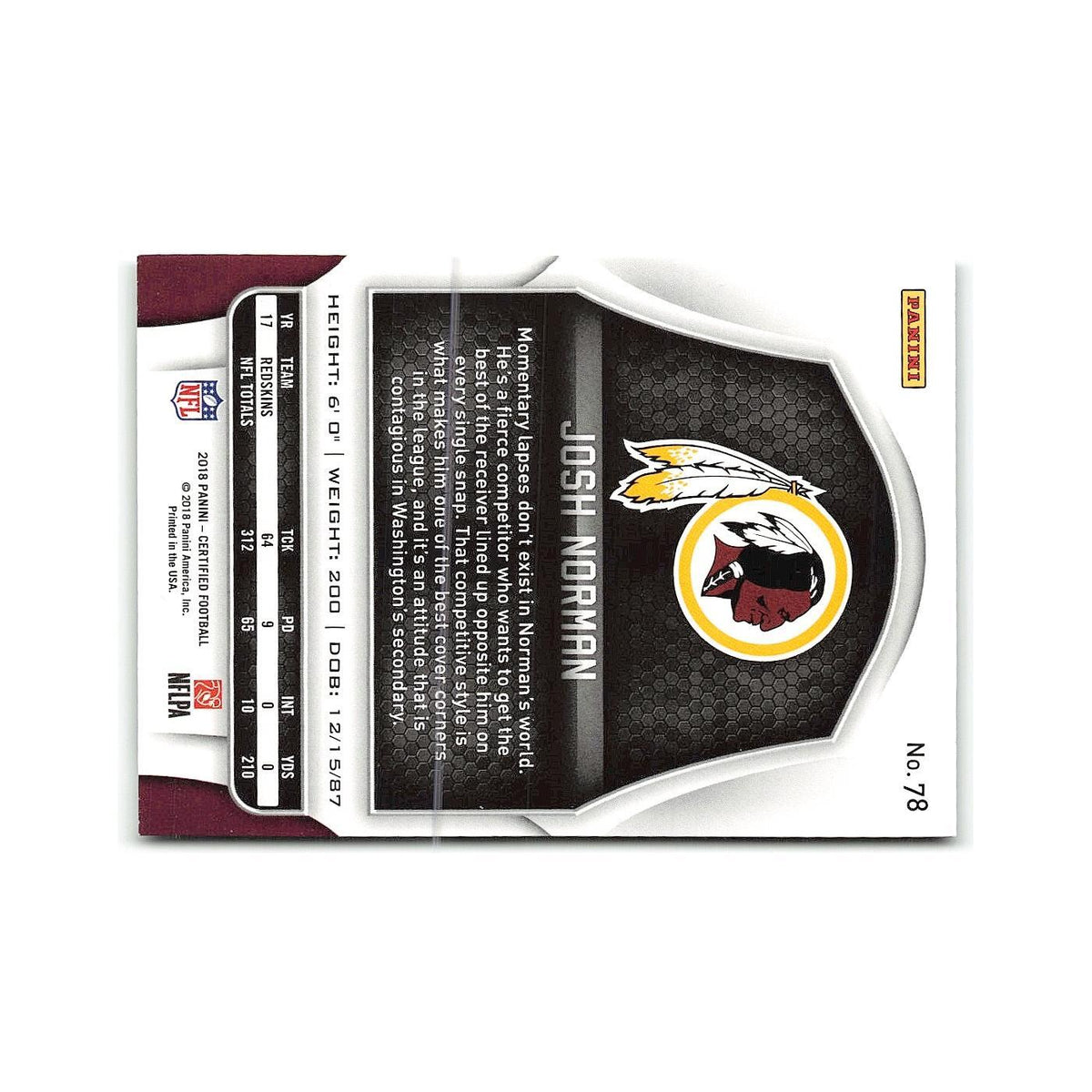 Josh Norman 2018 Panini Certified #78 Washington Redskins Football Card NM