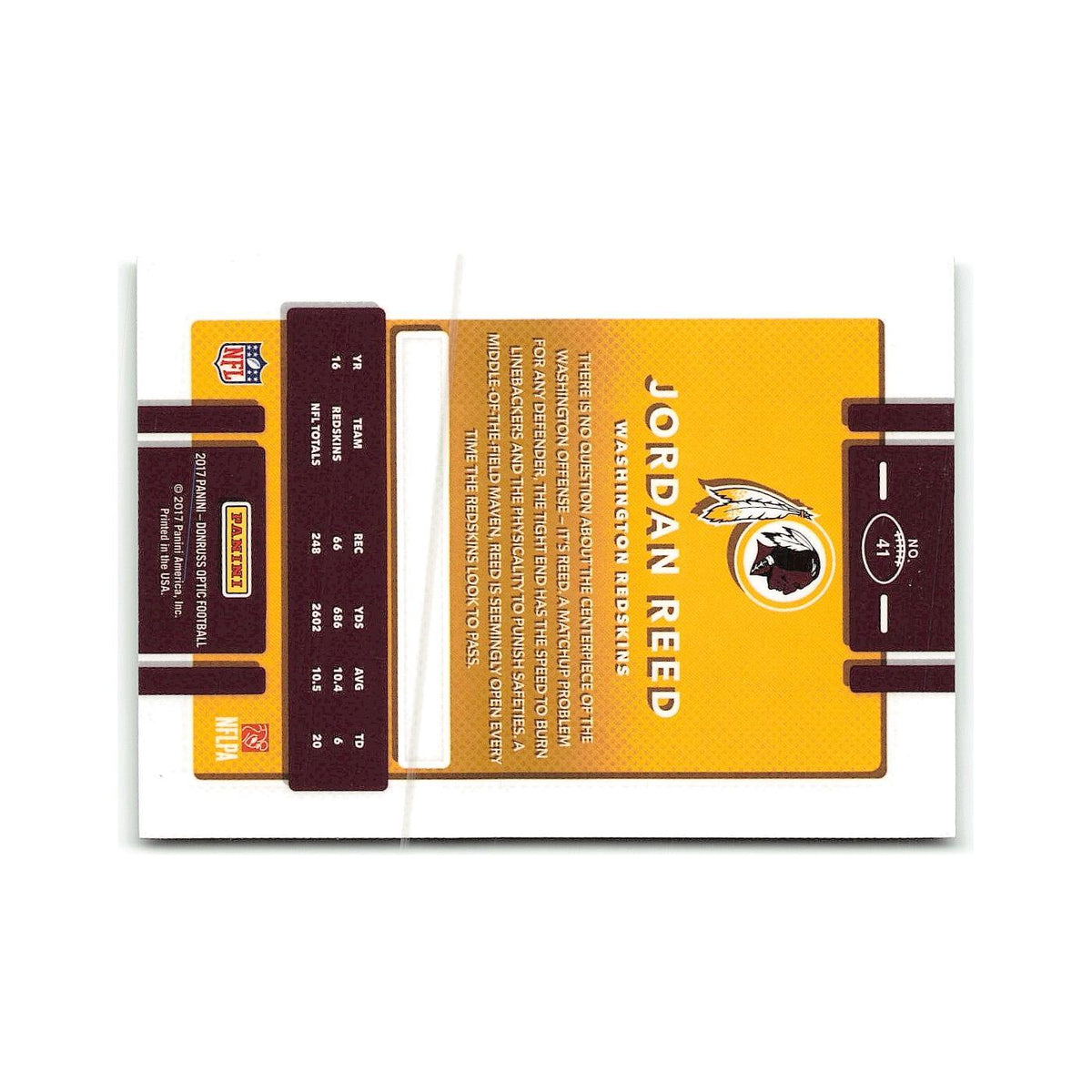 Jordan Reed 2017 Donruss Optic #41 Washington Redskins Football Card NM