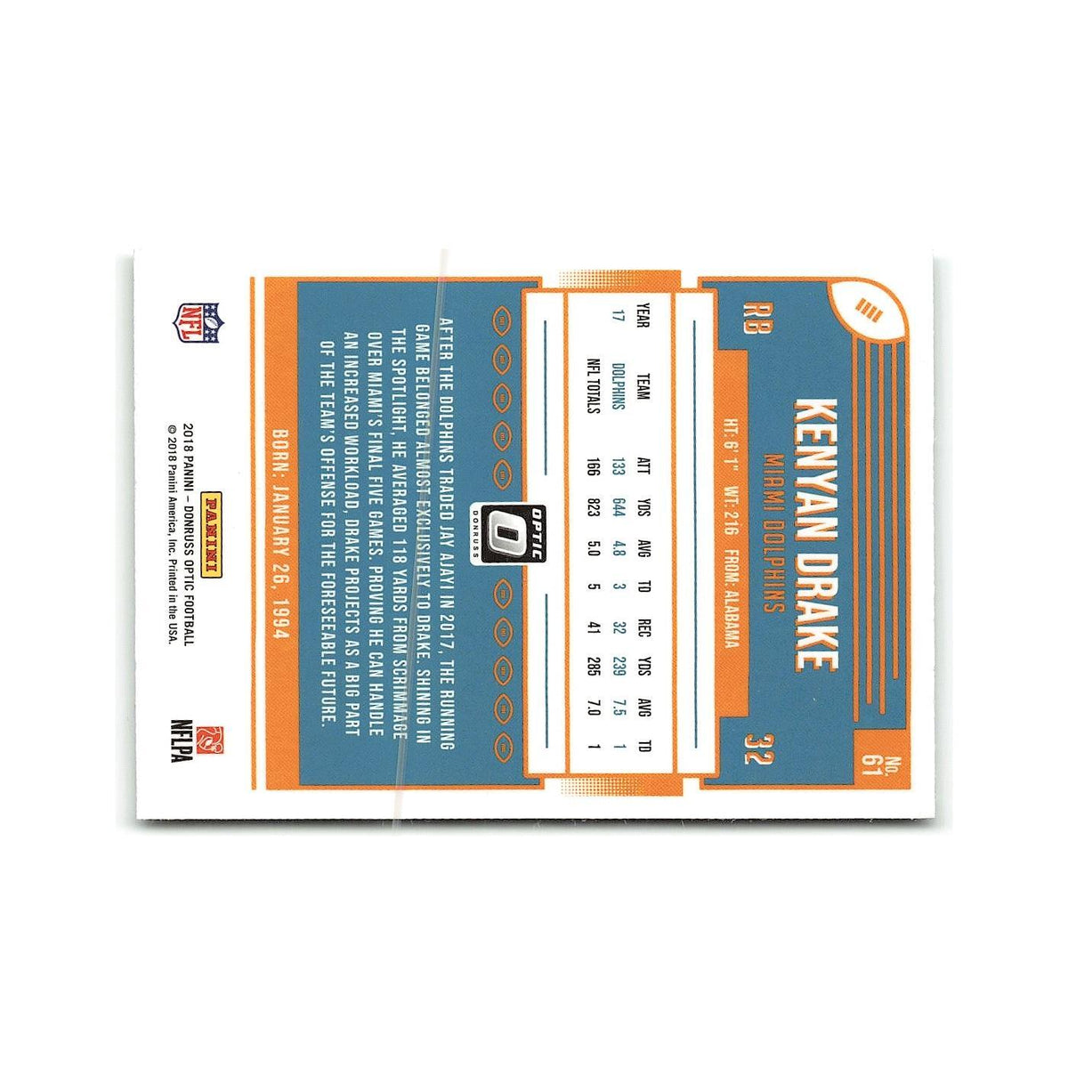 Kenyan Drake 2018 Donruss Optic #61 Miami Dolphins Football Card NM