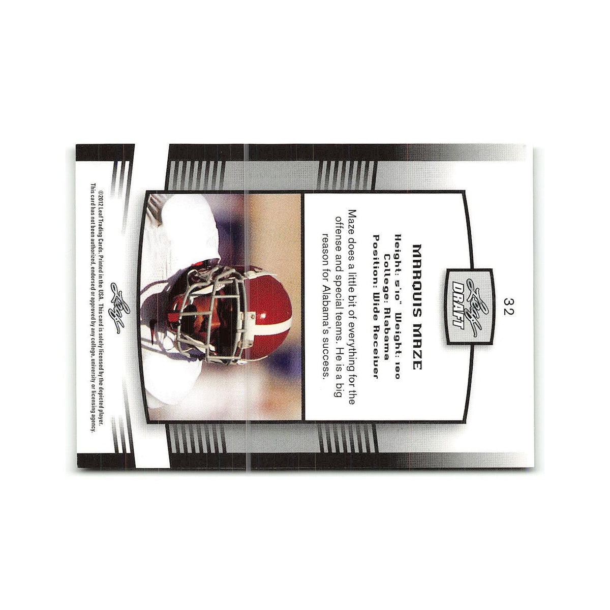 Marquis Maze 2012 Leaf Draft #32 Alabama Crimson Tide Football Card NM