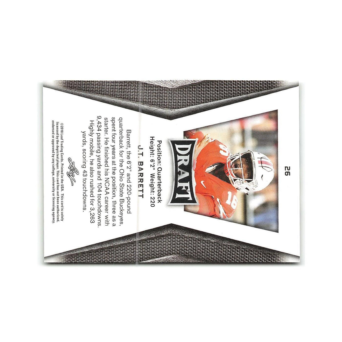 J.T. Barrett 2018 Leaf Draft Gold #26 Ohio State Buckeyes Football Card NM