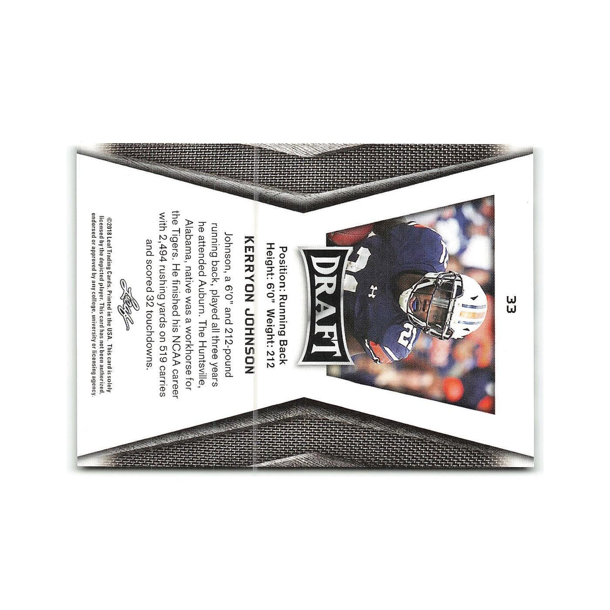 Kerryon Johnson 2018 Leaf Draft #33 Auburn Tigers Football Card NM