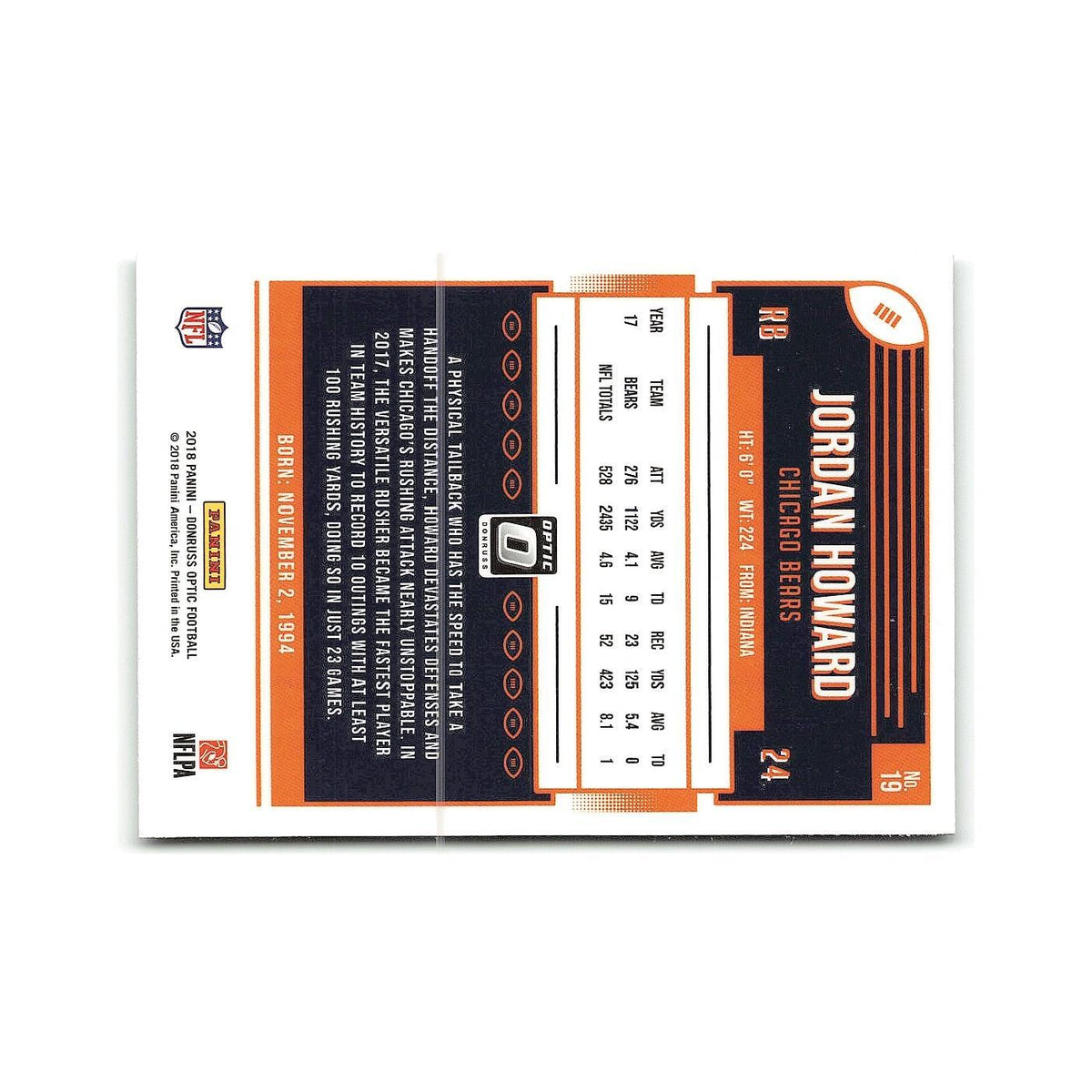 Jordan Howard 2018 Donruss Optic #24 Chicago Bears Football Card NM