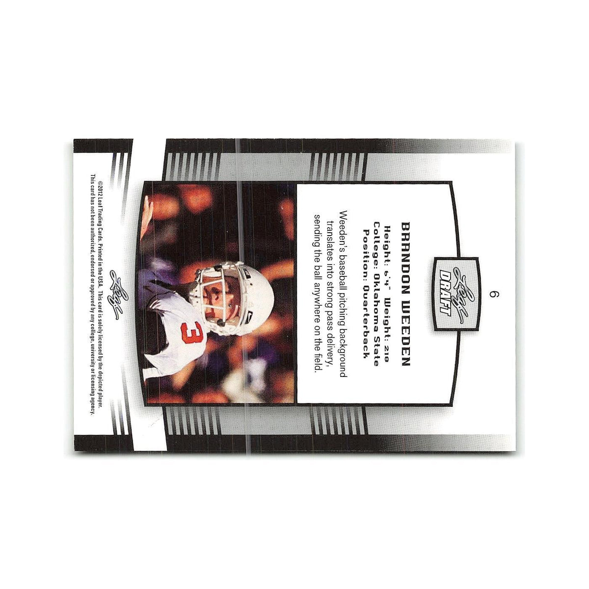 Brandon Weeden 2012 Leaf Draft #6 Oklahoma State Cowboys Football Card NM