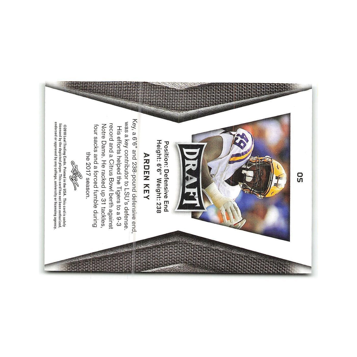 Arden Key 2018 Leaf Draft #5 LSU Tigers Football Card NM