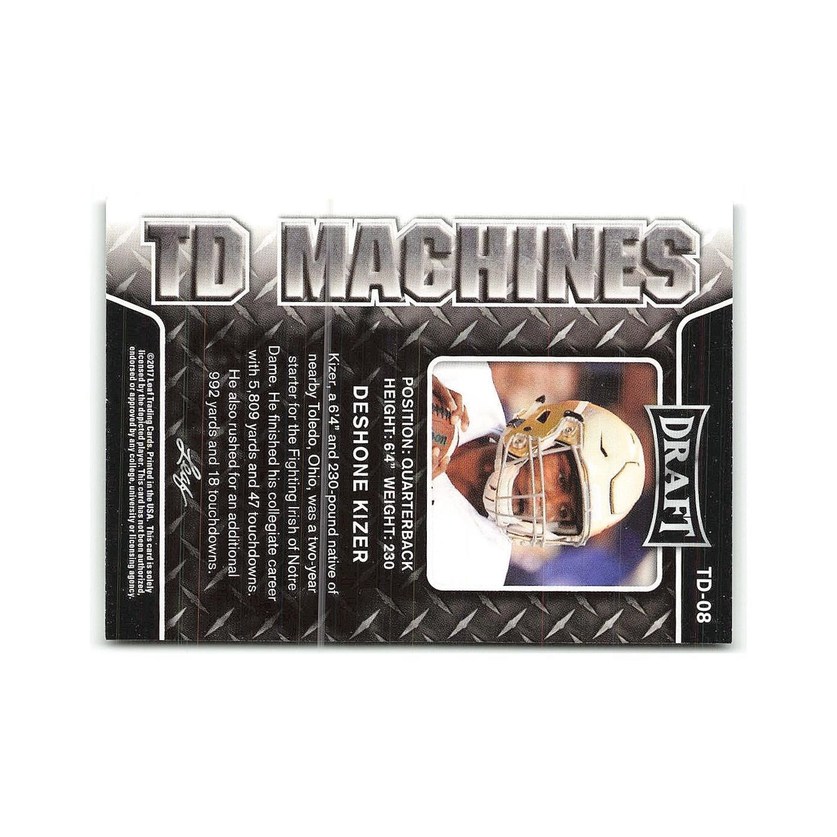 DeShone Kizer 2017 Leaf Draft TD Machines Gold #TD-08 NM