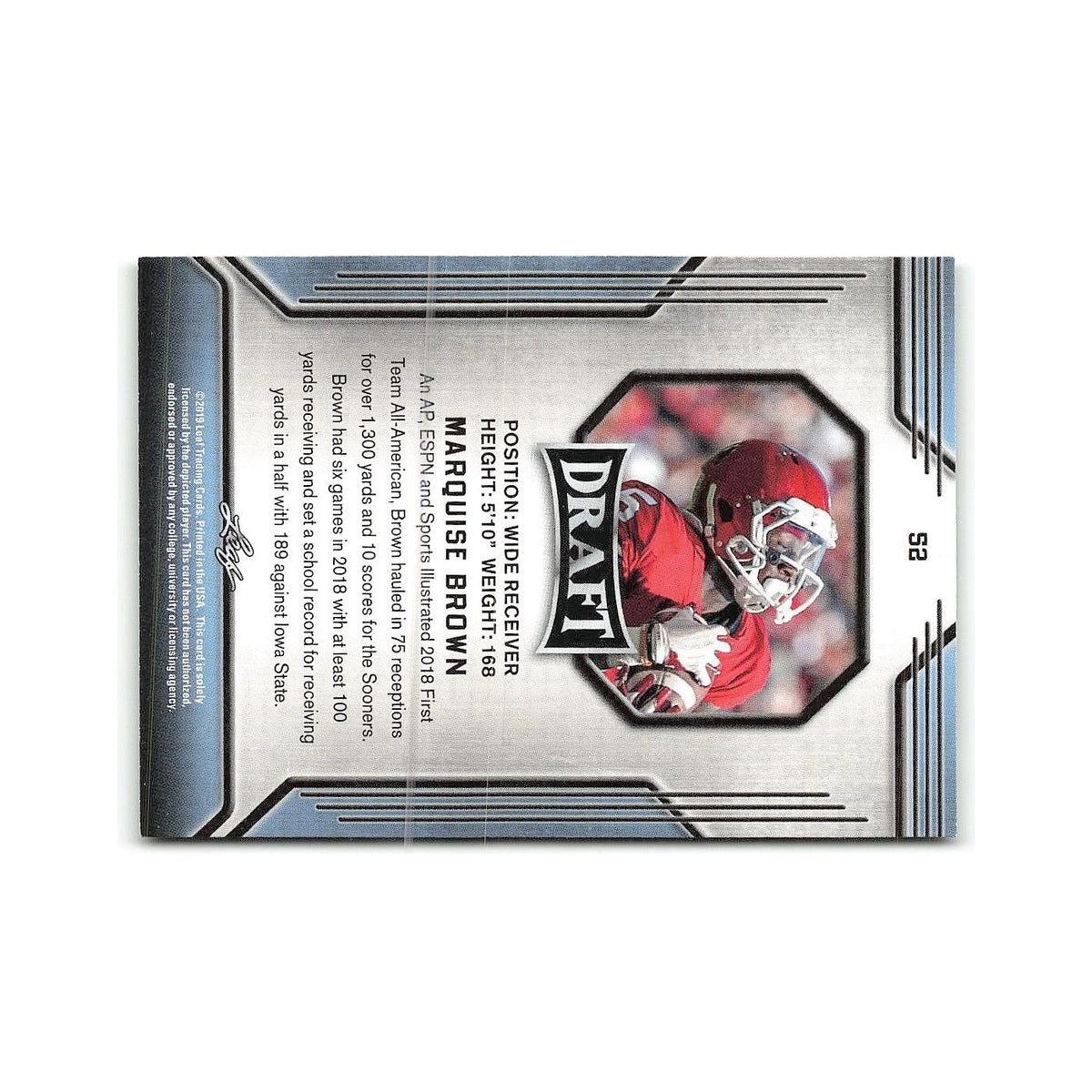 Marquise Brown 2019 Leaf Draft #52 Oklahoma Sooners Football Card NM