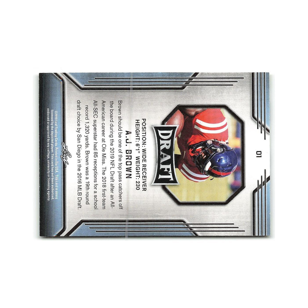 A.J. Brown 2019 Leaf Draft Gold #01 Football Card NM