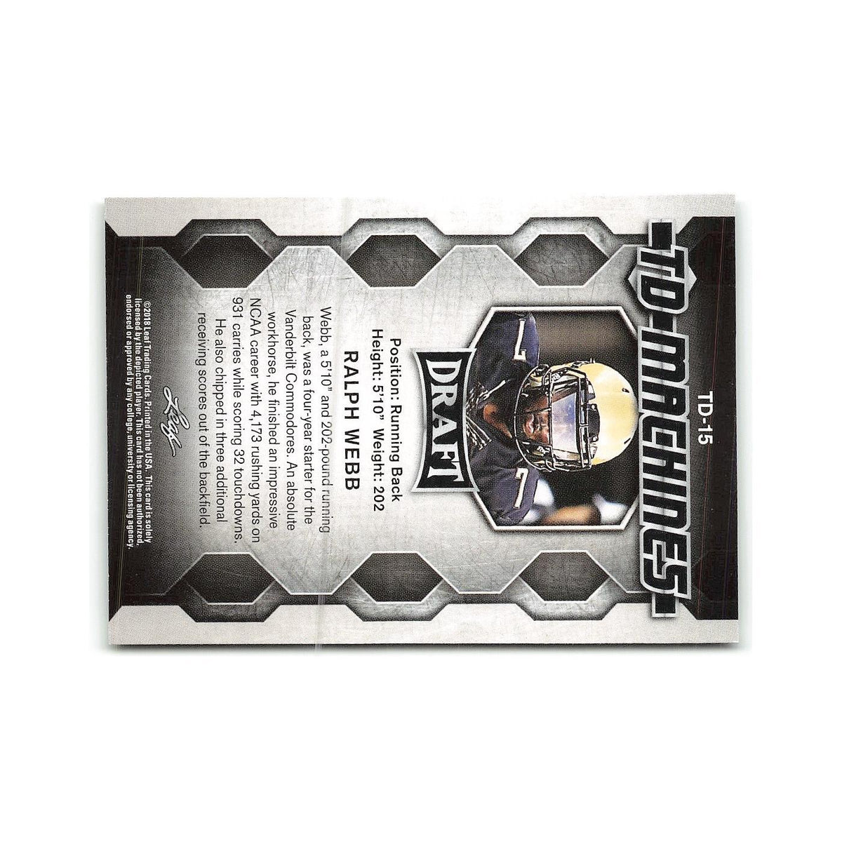 Ralph Webb 2018 Leaf Draft TD Machines #TD-15 Vanderbilt Commodores NM