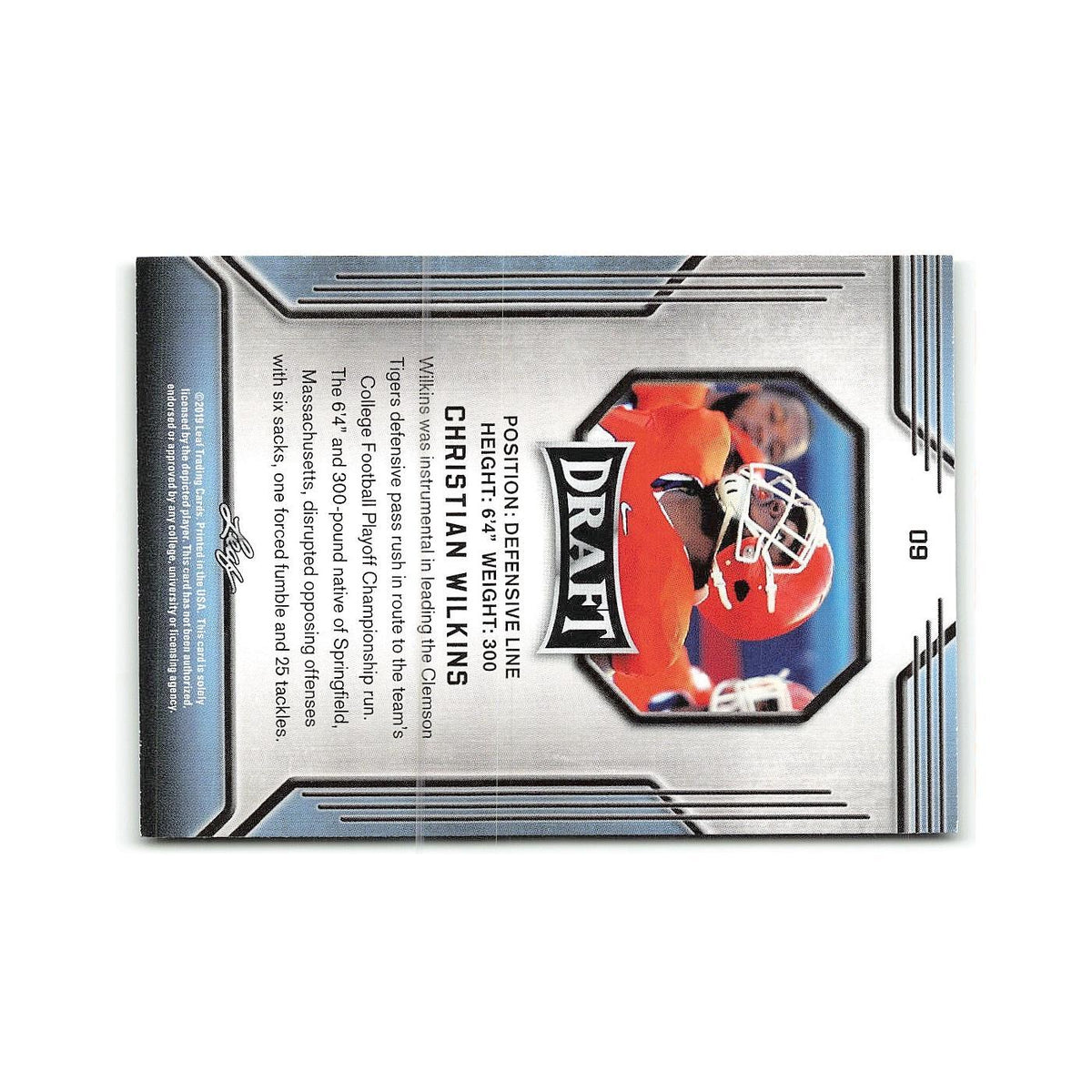 Christian Wilkins 2019 Leaf Draft #9 Clemson Tigers Football Card NM