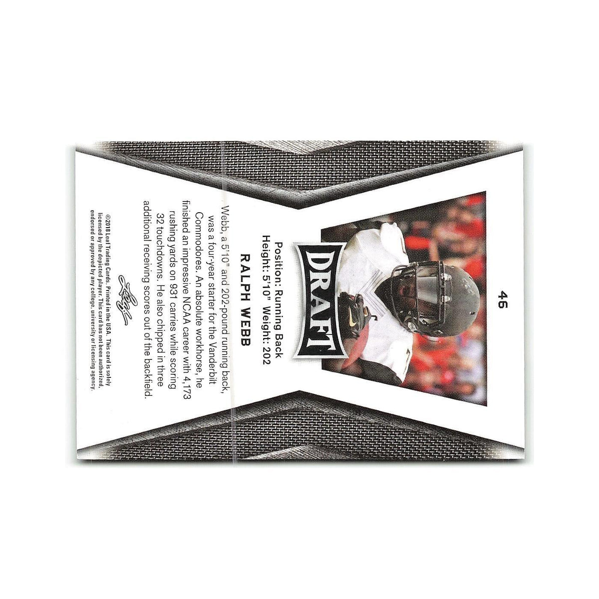 Ralph Webb 2018 Leaf Draft #46 Vanderbilt Commodores Football Card NM