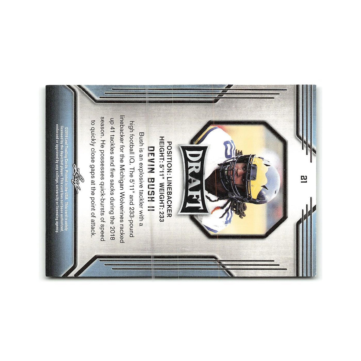 Devin Bush Jr. 2019 Leaf Draft #21 Michigan Wolverines Football Card NM
