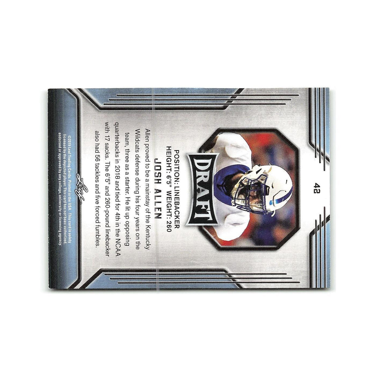 Josh Allen 2019 Leaf Draft Gold #42 Kentucky Wildcats Football Card NM