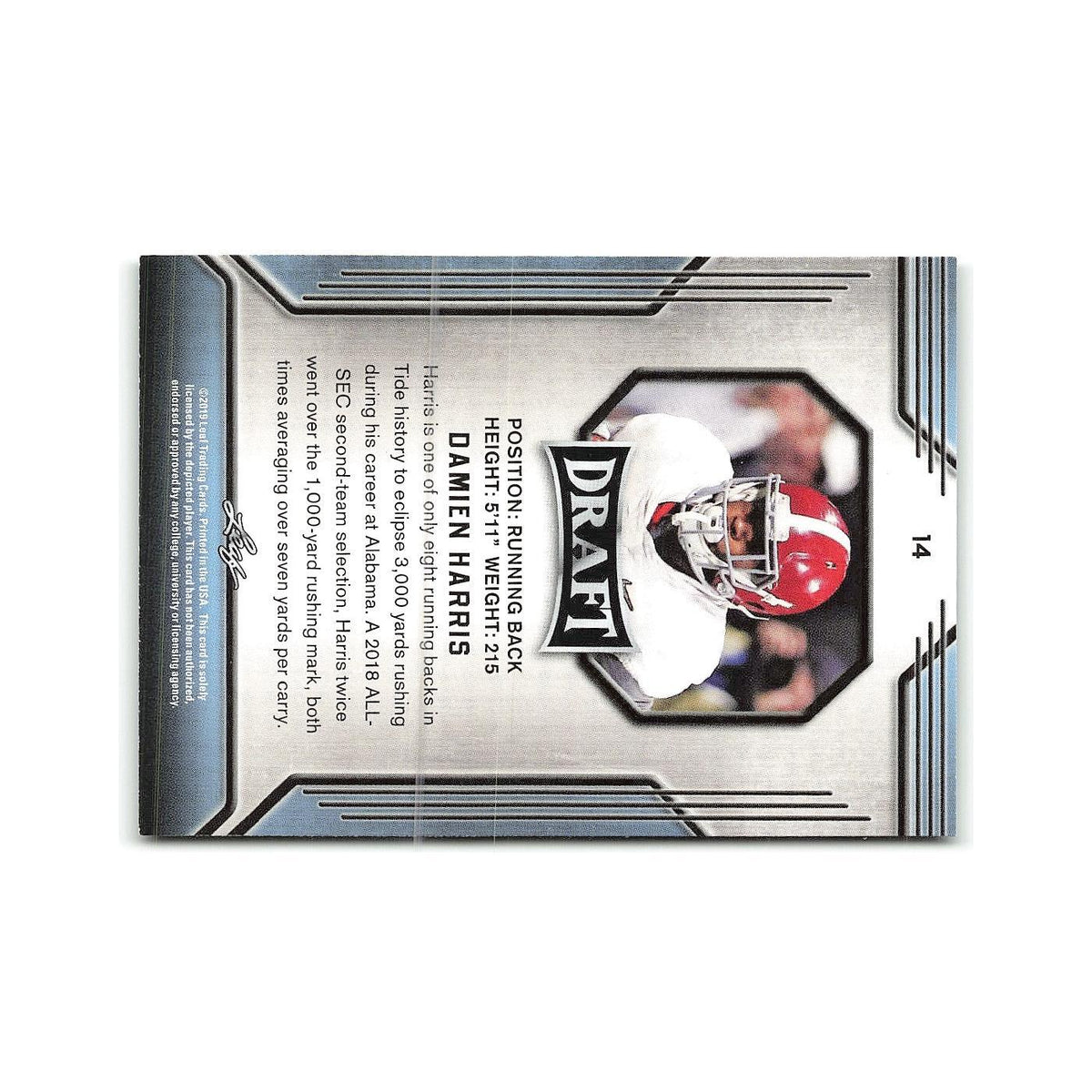 Damien Harris 2019 Leaf Draft #14 Alabama Crimson Tide Football Card NM