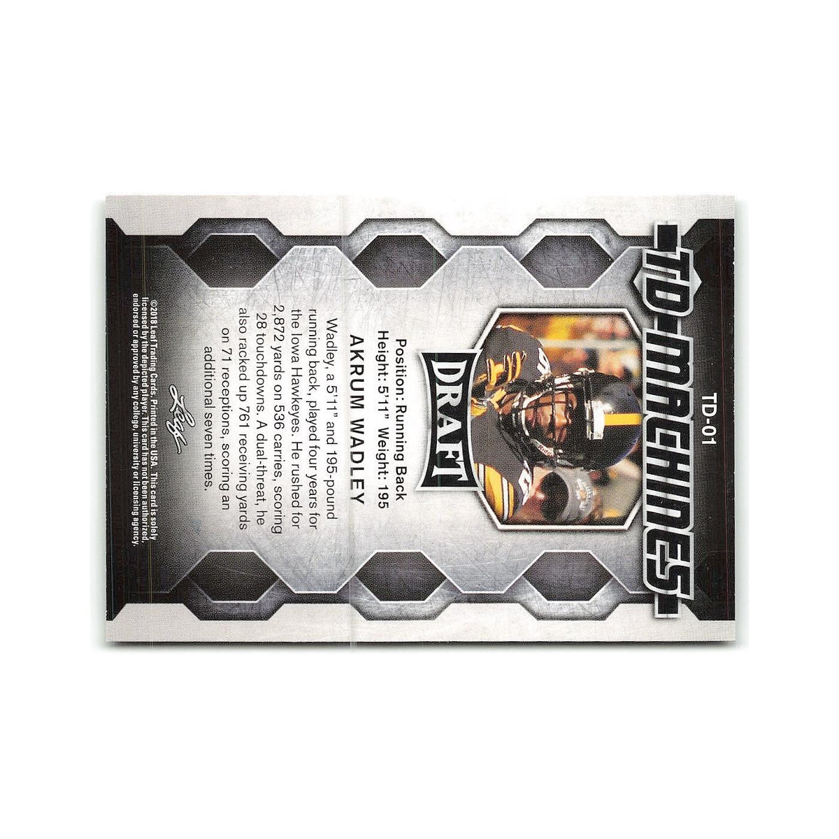 Akrum Wadley 2018 Leaf Draft TD Machines #TD-01 Iowa Hawkeyes Football Card NM