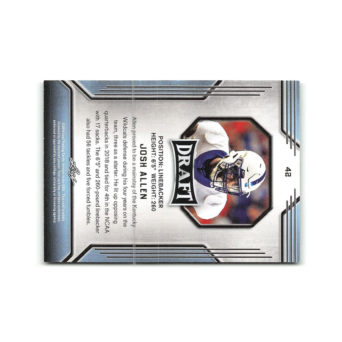 Josh Allen 2019 Leaf Draft #42 Kentucky Wildcats Football Card NM