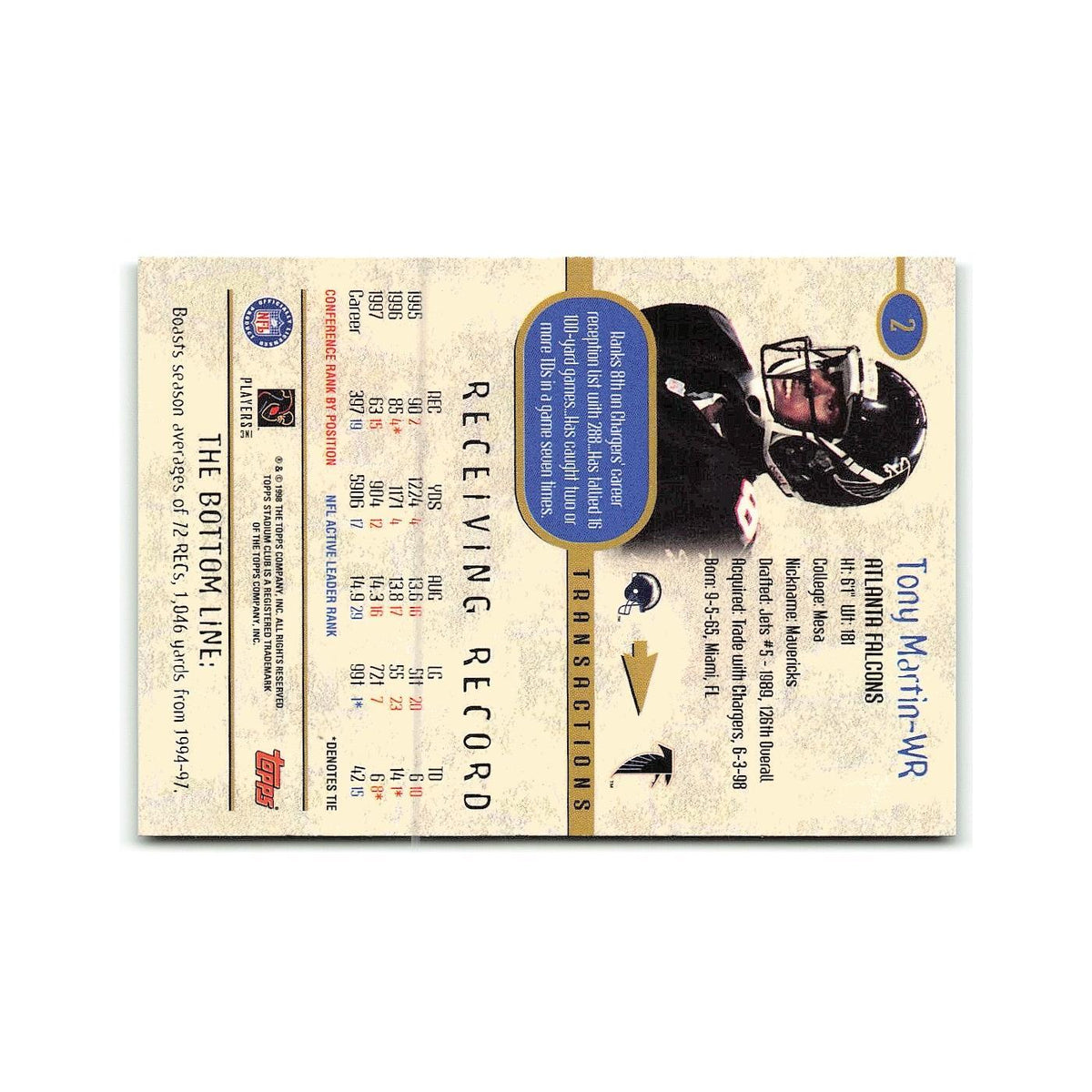 Tony Martin 1998 Stadium Club #2 Baltimore Ravens Football Card NM