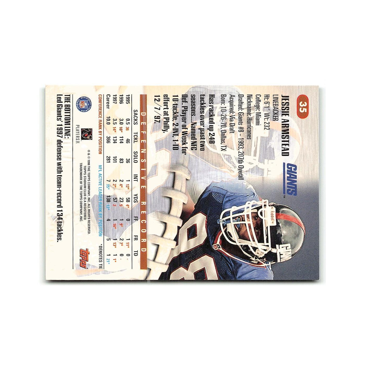Jessie Armstead 1998 Stadium Club #35 New York Giants Football Card NM