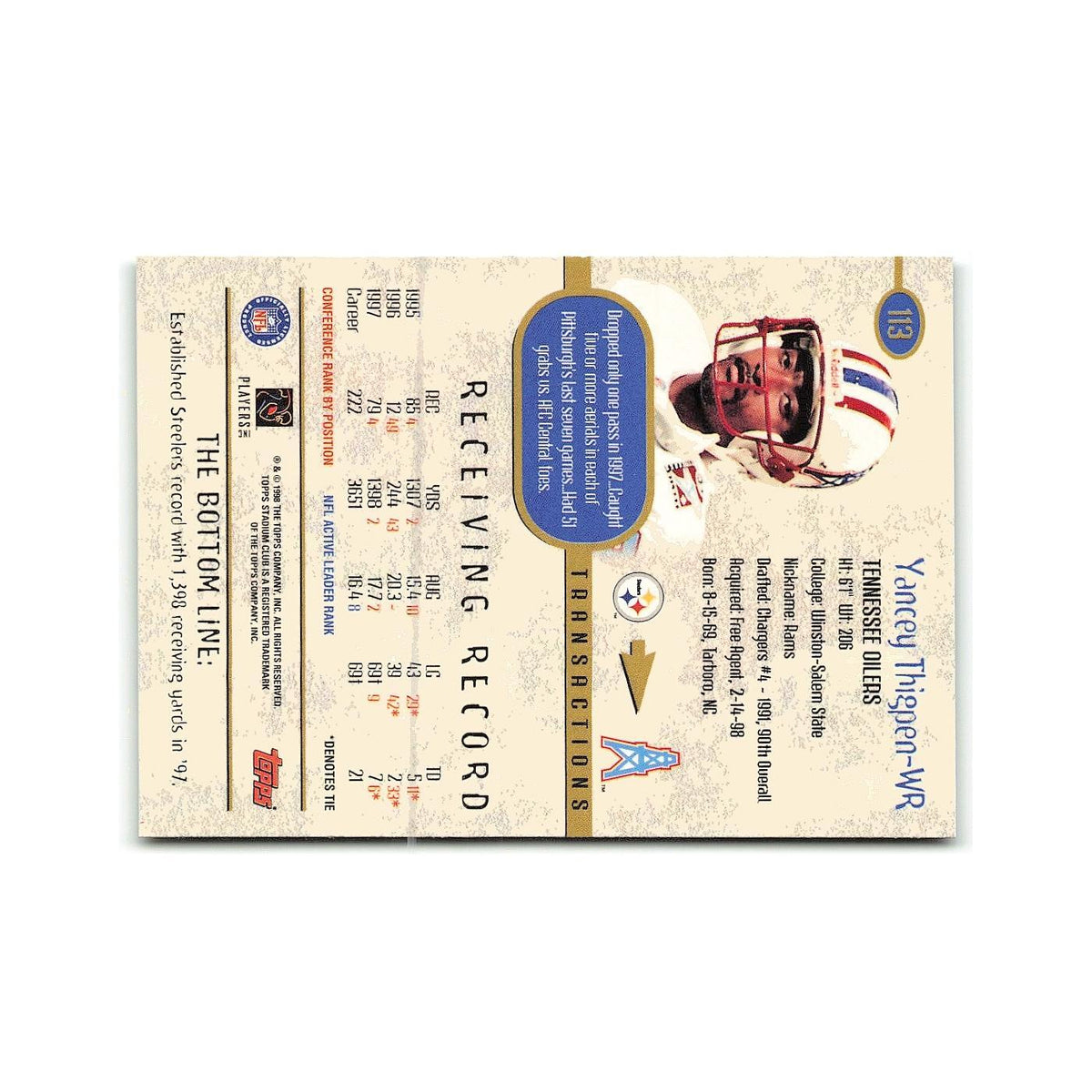 Yancey Thigpen 1998 Topps Stadium Club #113 Tennessee Oilers Football Card NM