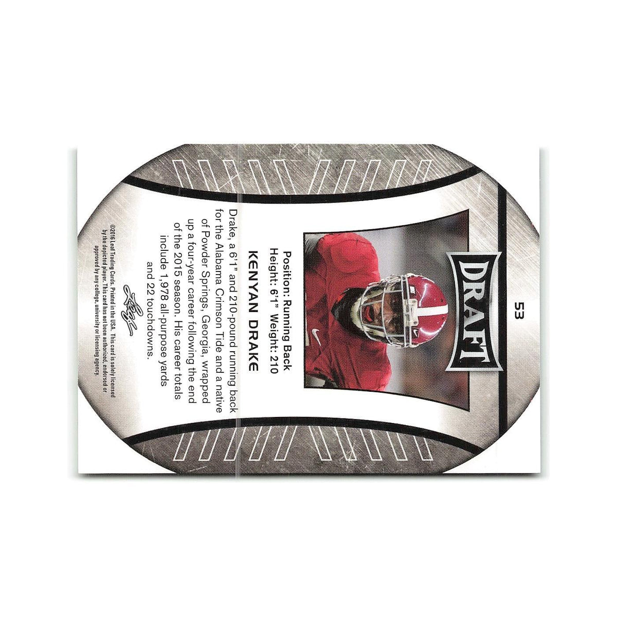 Kenyan Drake 2016 Leaf Draft #53 Alabama Crimson Tide Football Card NM