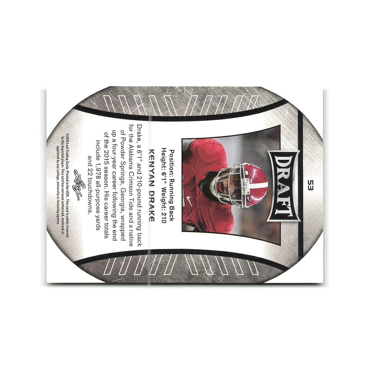 Kenyan Drake 2016 Leaf Draft #53 Alabama Crimson Tide Football Card NM