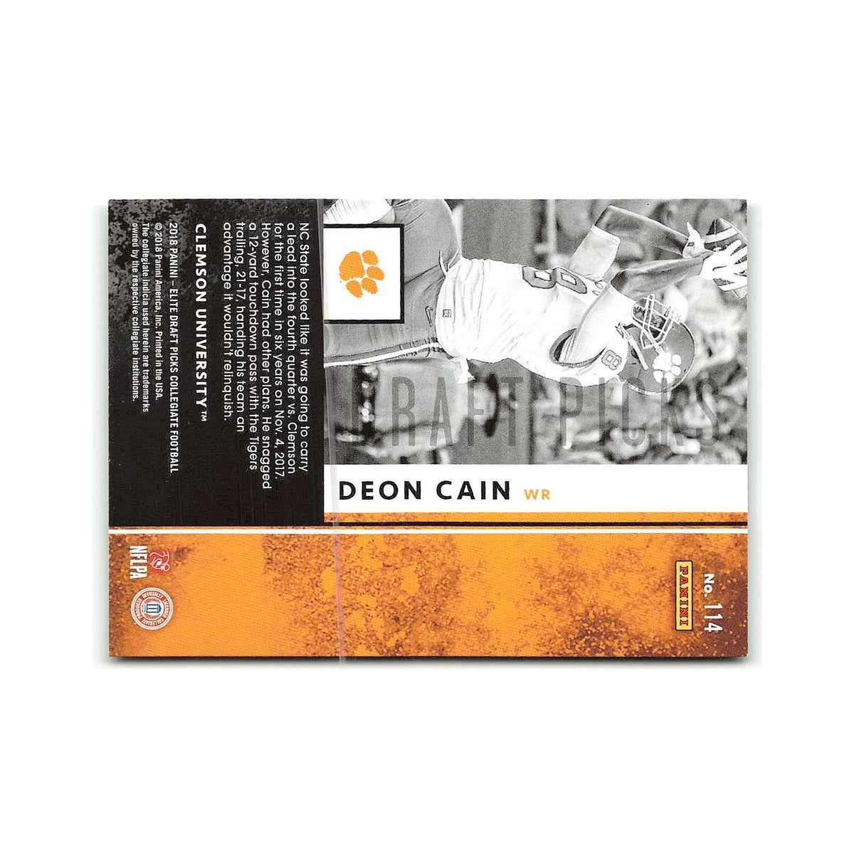 Deon Cain Rookie 2018 Panini Elite Draft Picks #114 Clemson Tigers NM