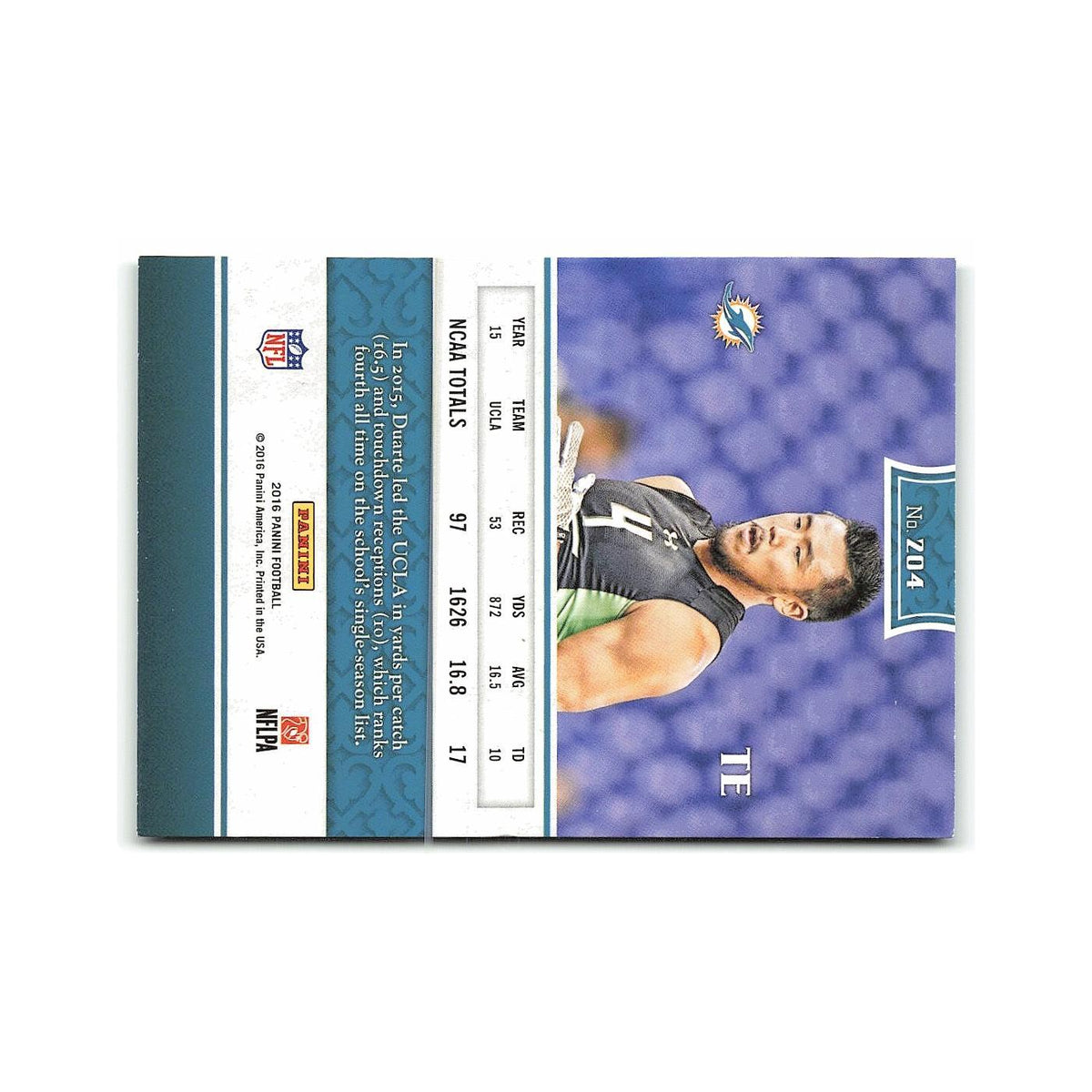 Thomas Duarte Rookie 2016 Panini #204 Miami Dolphins Football Card NM