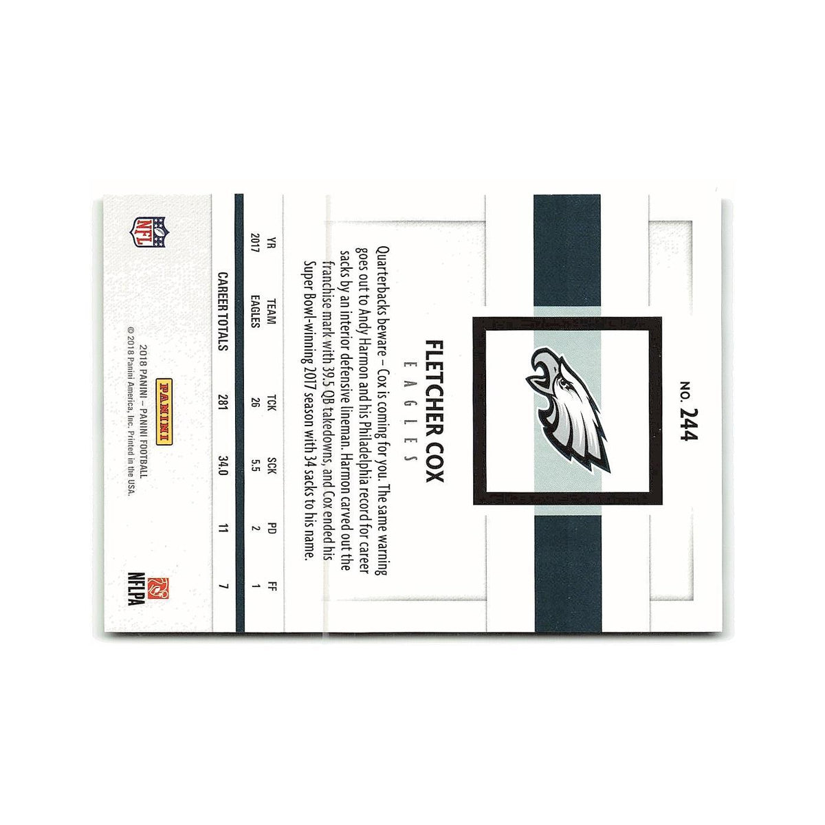 Fletcher Cox 2018 Panini #244 Philadelphia Eagles Football Card NM