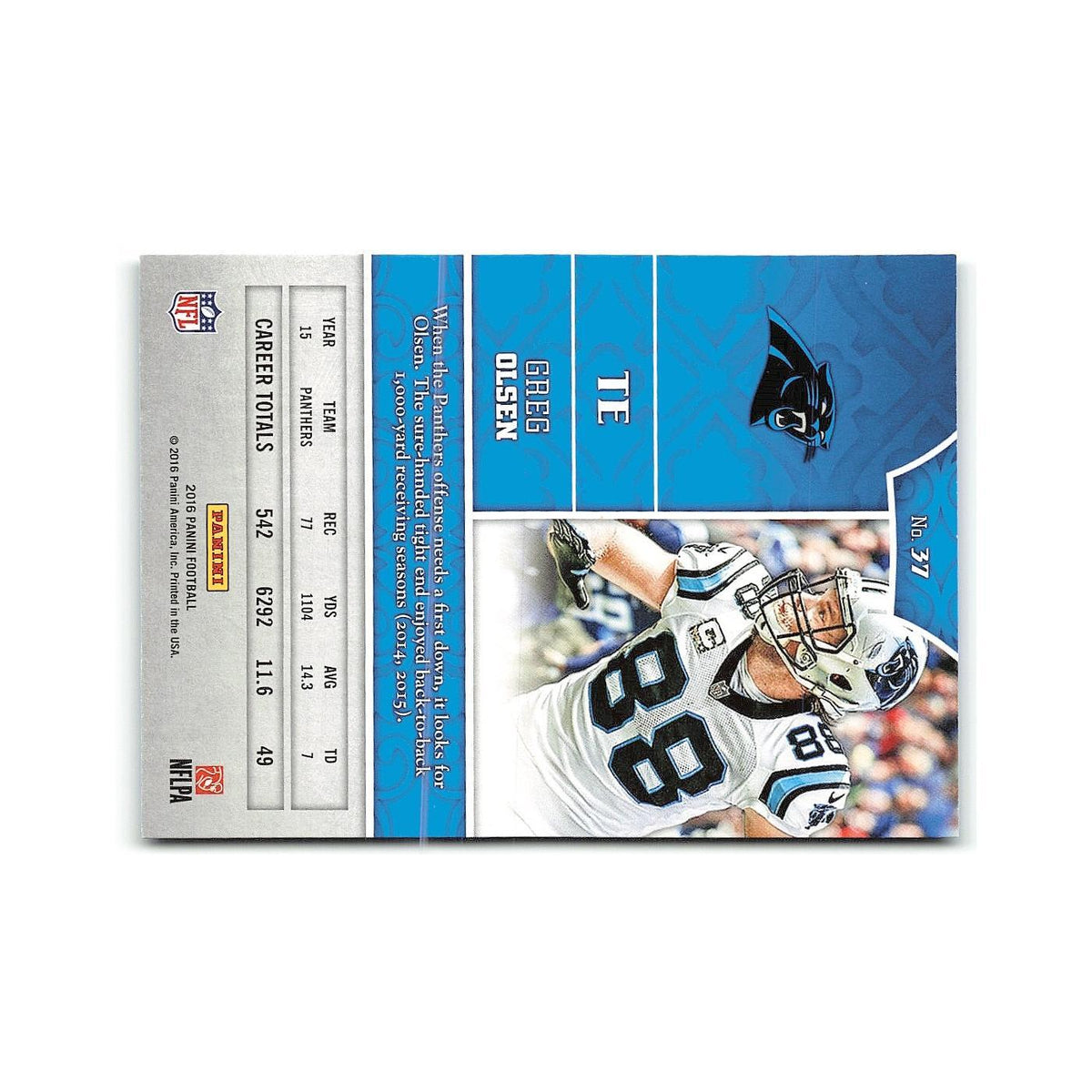 Greg Olsen 2016 Panini #37 Carolina Panthers Football Card NM